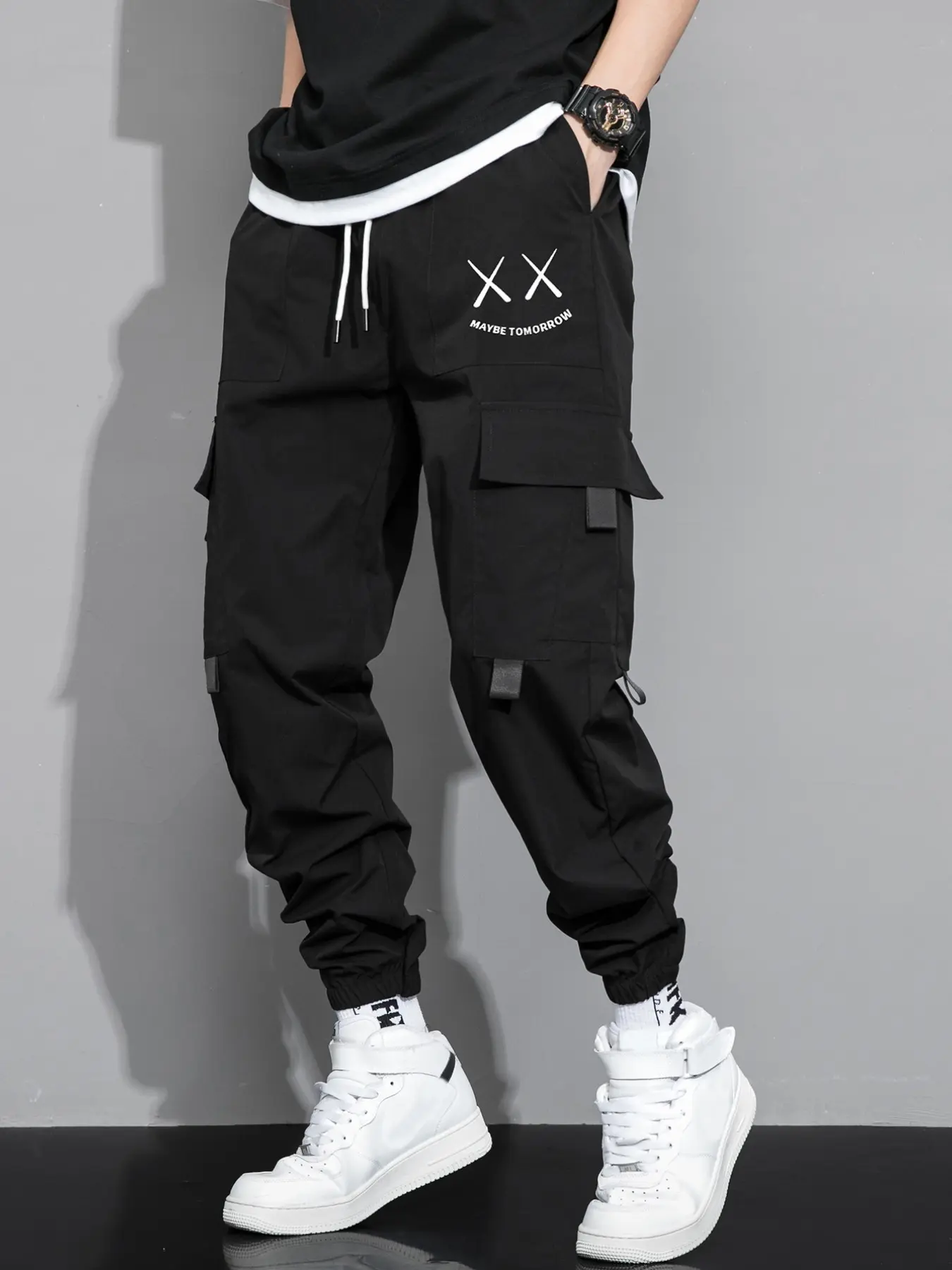 Men's Multi-Pocket Smiley Drawstring Work Pants, Casual Sporty Style, Ideal for Hiking, Fishing, Climbing, Spring & Fall