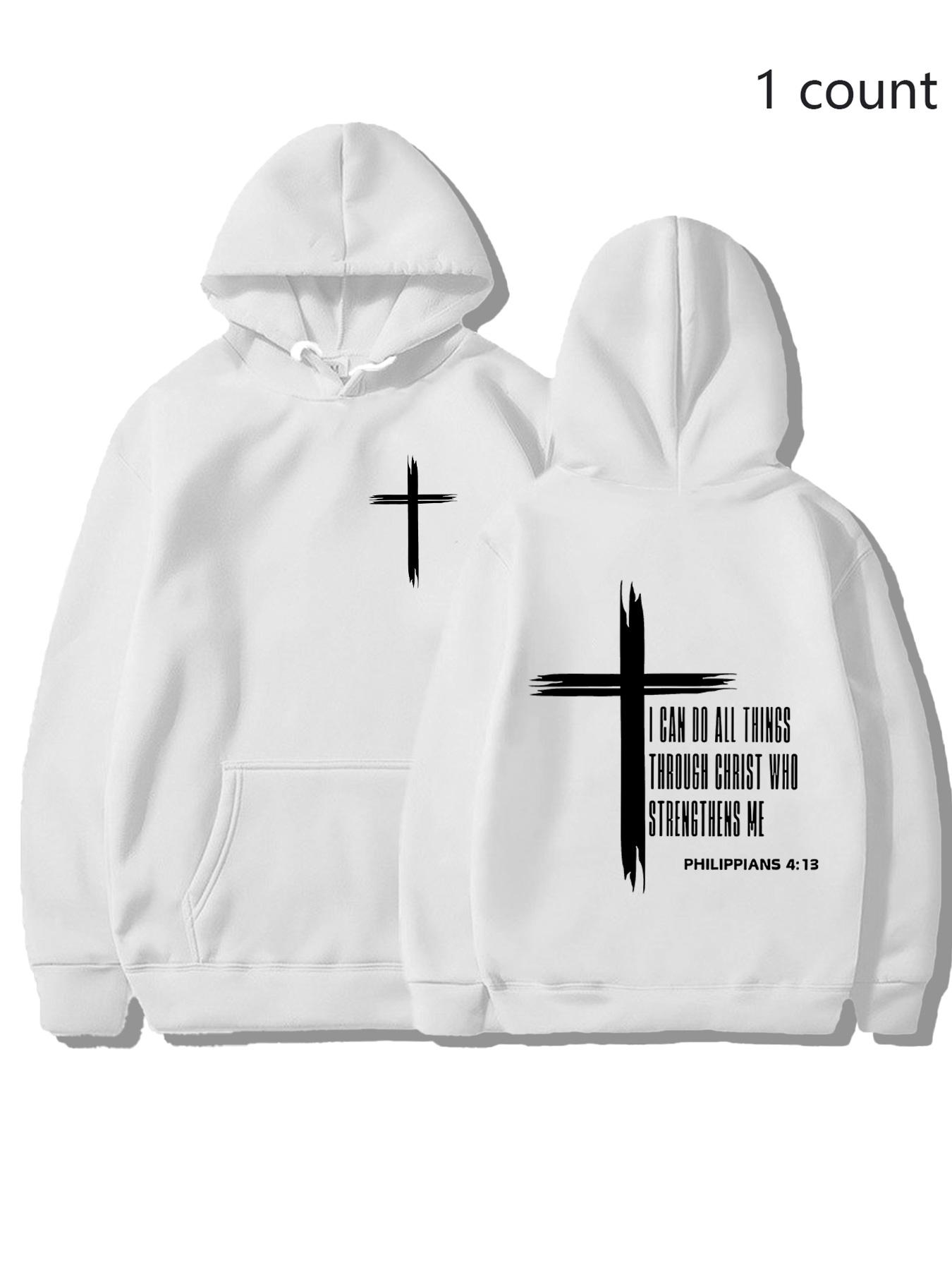 Christian Cross Hoodie, Philippians 4:13 Bible Verse Sweatshirt, Unisex Design Faith Inspiring Fitted Pullover Jacket, Casual Fall & Winter Wear
