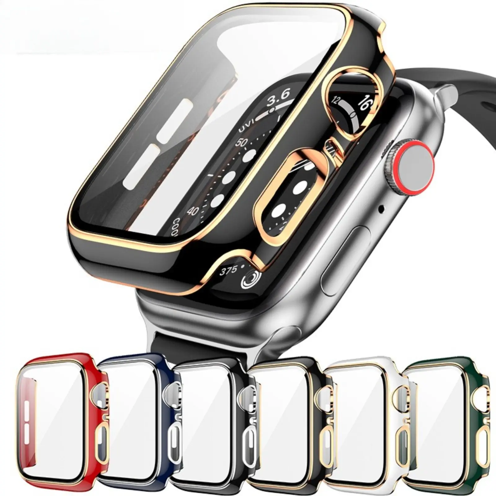 Luxury Gold Edge Case for Apple Watch Series 10 9 8 SE 45mm 41mm 2-in-1 PC Hard Bumper Cover with Tempered Glass Screen Protector for Business Men