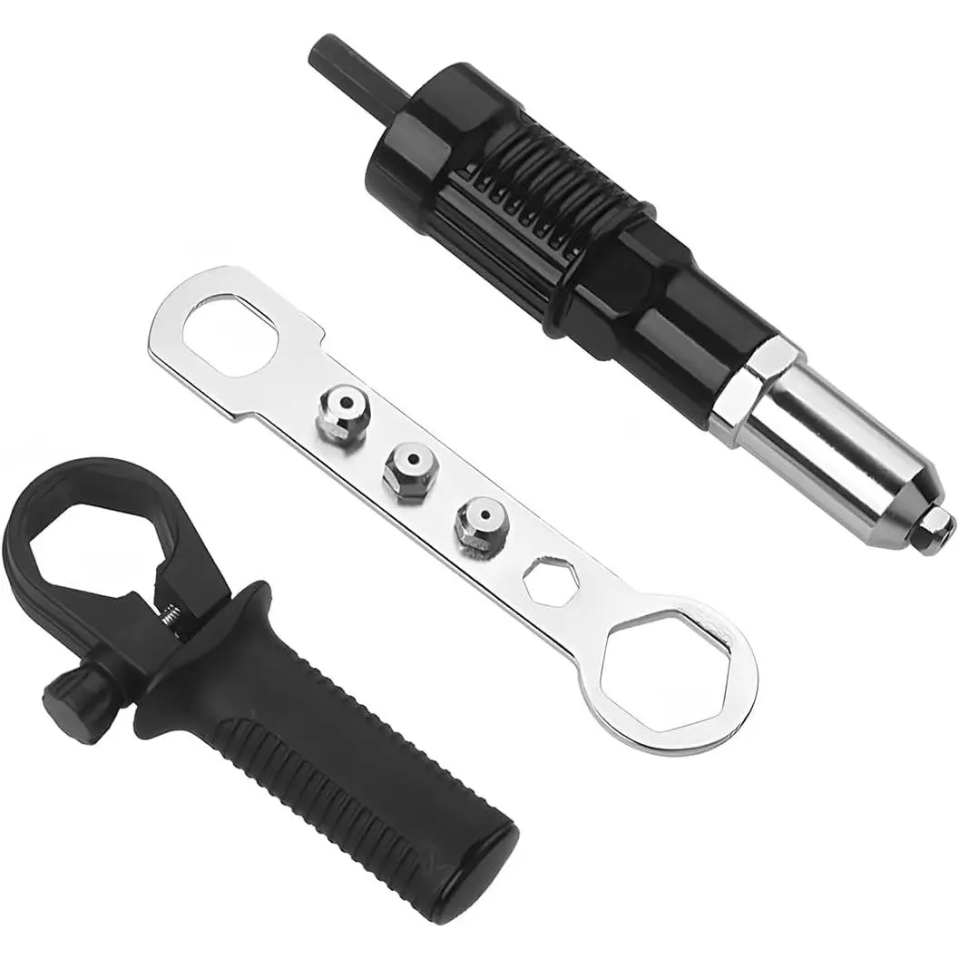 Compact Alloy Steel Riveter Adapter Kit with Grip Handle, 4 Rivets & Inches Compatibility, Cordless Electric Power Drill Attachment for Pop Riveting Nut Tool