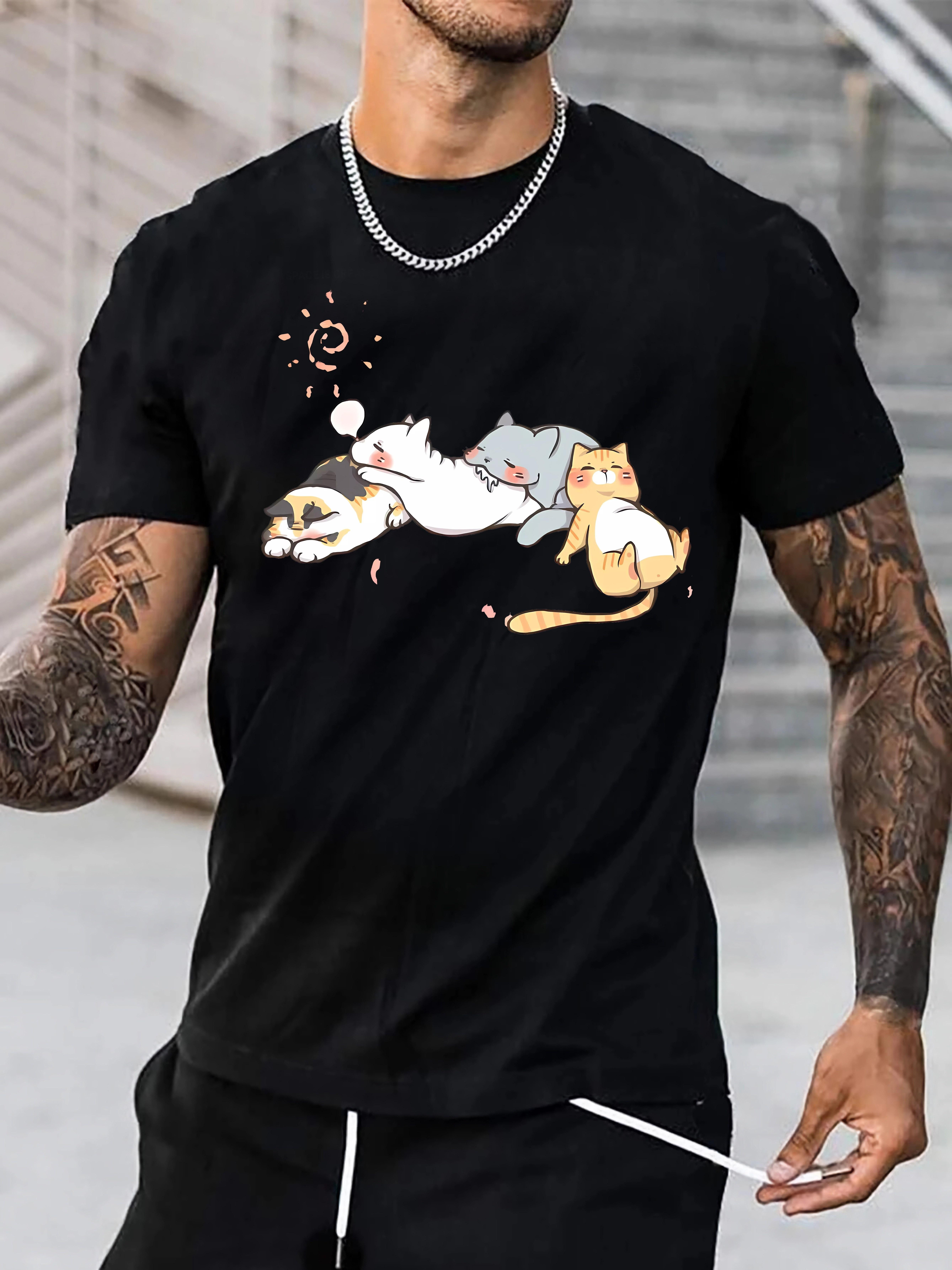 Men's fashionable casual printed short-sleeve T-shirt with cute cat illustrations, comfortable crew neck T-shirt for summer outdoor sports