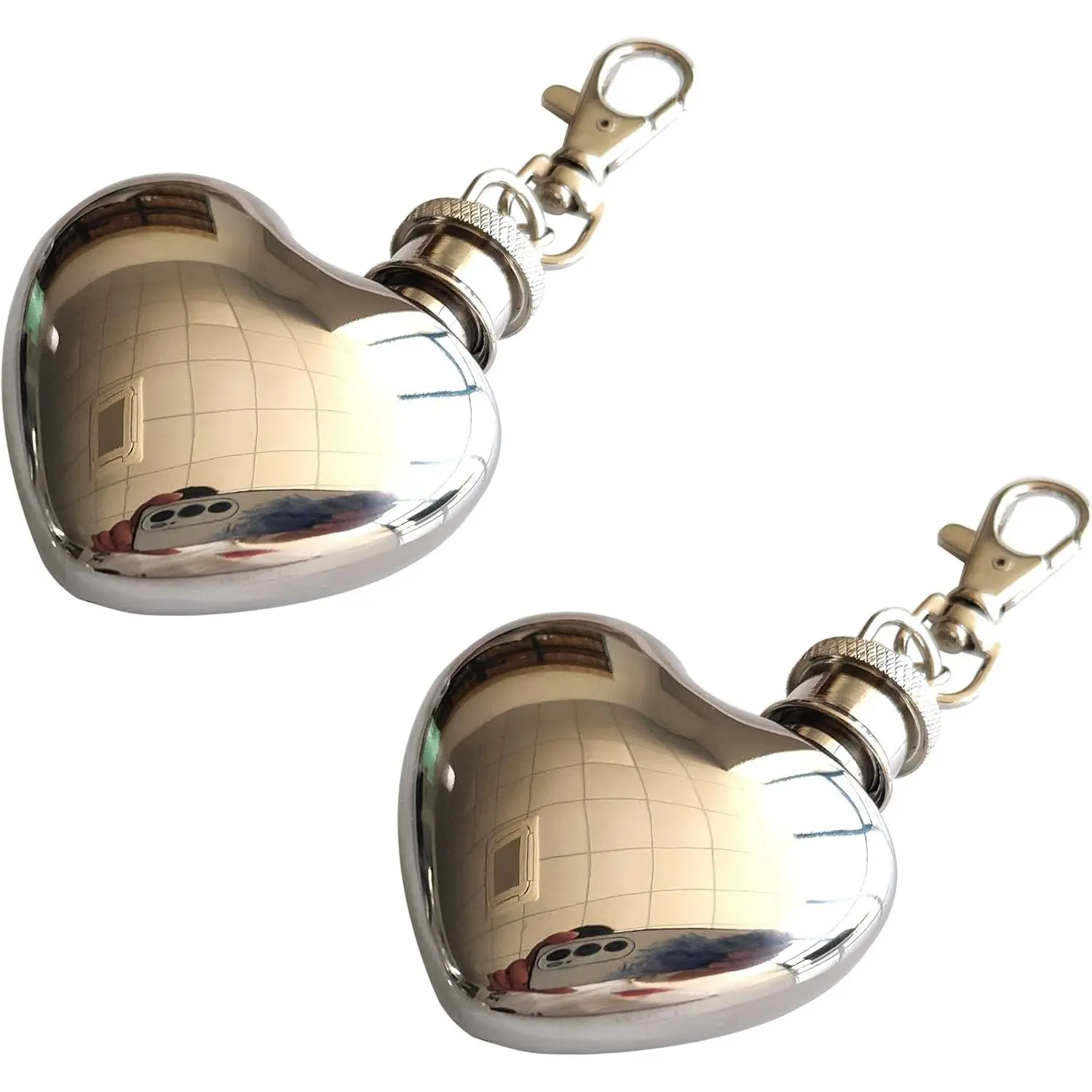 Heart Shaped 1 Oz Mini Hip Flask Keychain, Mirror Polished 304 Stainless Steel Snuff Bottle with Key Chain, 2pcs