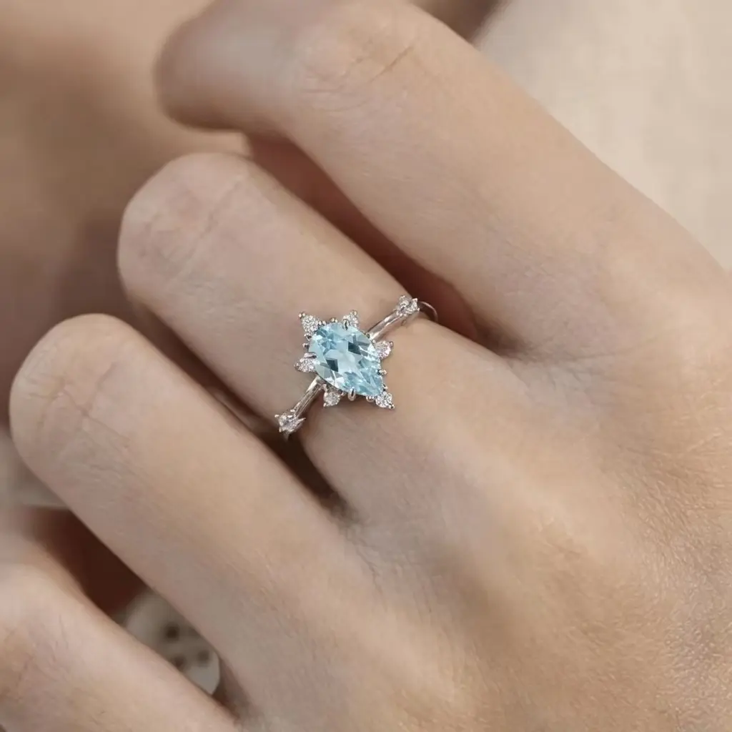 Ocean Blue Teardrop Ring for Women, Sparkly Crystal Statement Ring, Adjustable Coastal Chic Mermaidcore Jewelry, Elegant Quiet Luxury Cocktail Ring for Beach Vacation, Wedding, Party & Everyday Wear