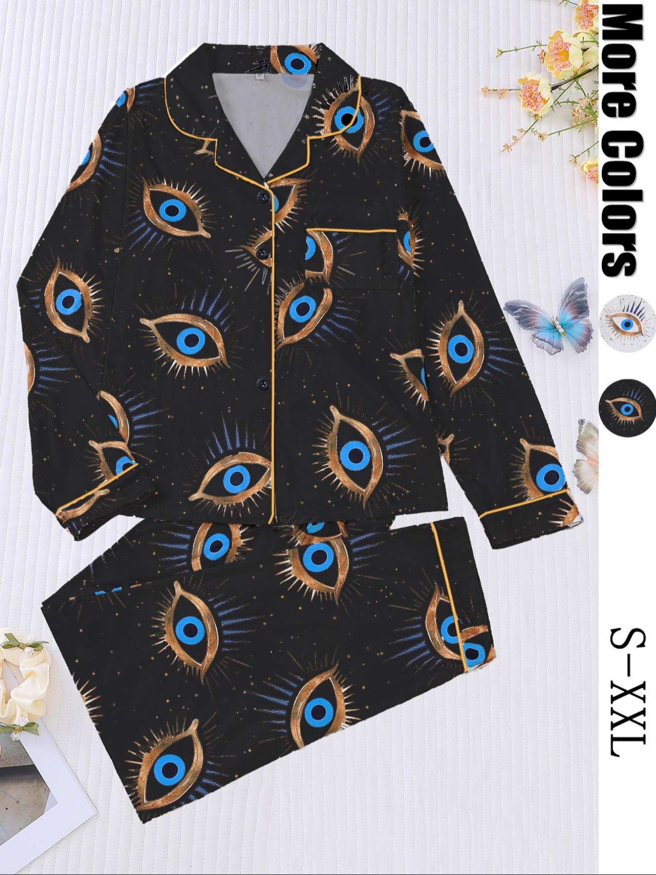 Women's Random Print Pajama Set Loungewear, Casual Comfy Long Sleeve Button Up Top & Elastic Waist Pants PJ Set, Ladies Sleepwear for All Seasons