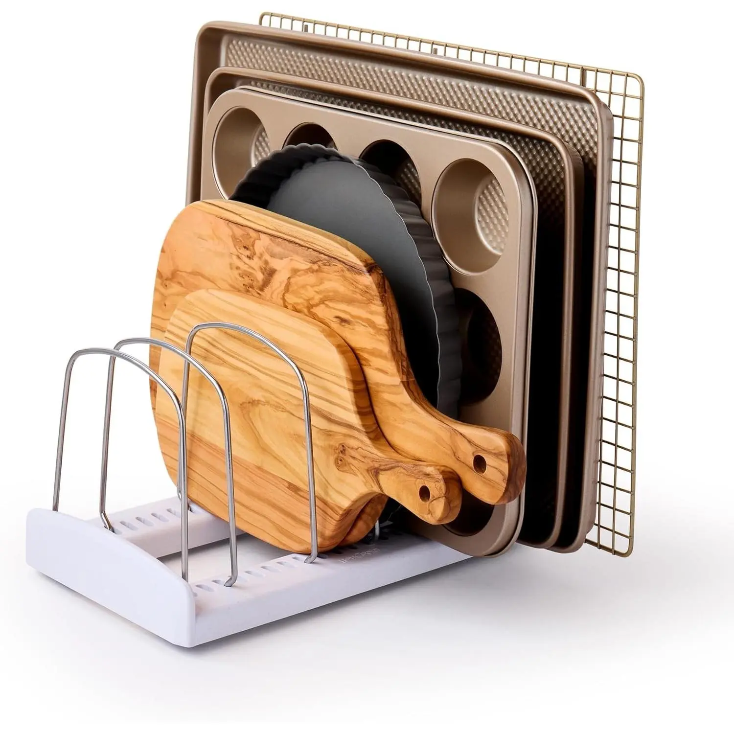 StoreMore Bakeware Rack, Adjustable Dividers, Baking Pan Organizer