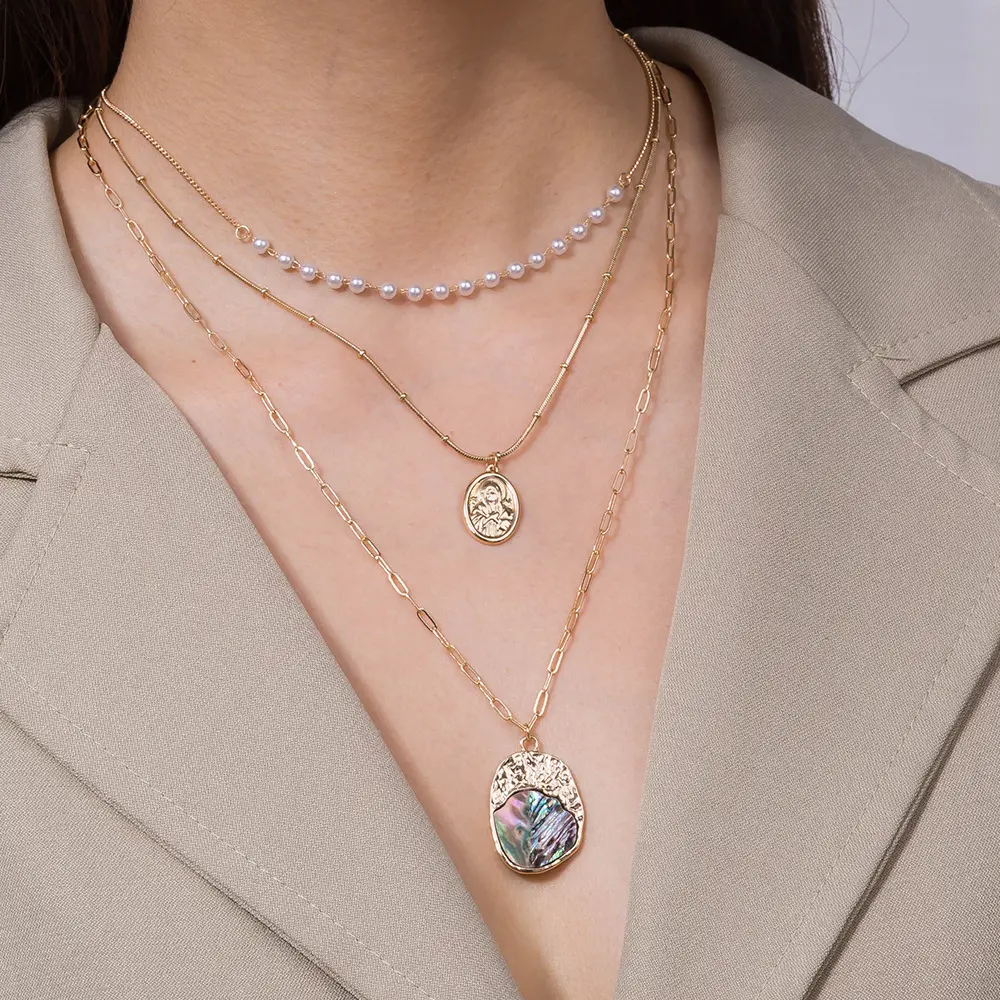 Women's 18K gold-plated pearl necklace and abalone shell disc pendant layered jewelry set—ideal for gifting.