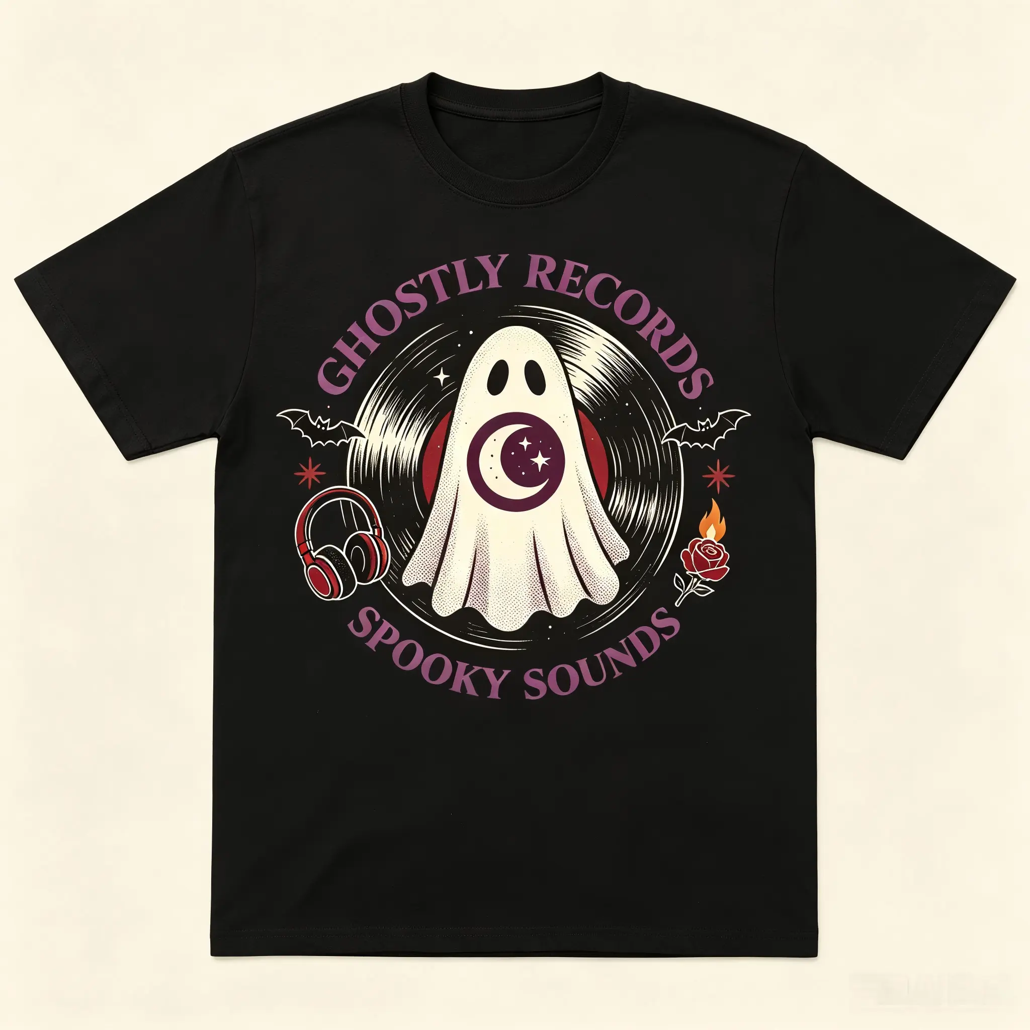 Ghostly Records Spooky Sounds Vinyl Record Halloween T-Shirt, Retro Ghost Headphone Bat Rose Gothic Music Lover Fall Short Sleeve Tee For Men Women Halloween Party Gift