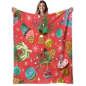 1Pc Christmas Treats Flannel Blanket - Soft Warm 280Gsm All-Season Gingerbread, Candy Canes & Snowflake Print With Pink Red Green Golden White Holiday Colors - Cozy Bedspread Sofa Throw & Adults, Machine Washable, Christmas Throw, Christmas Throw Blanket,