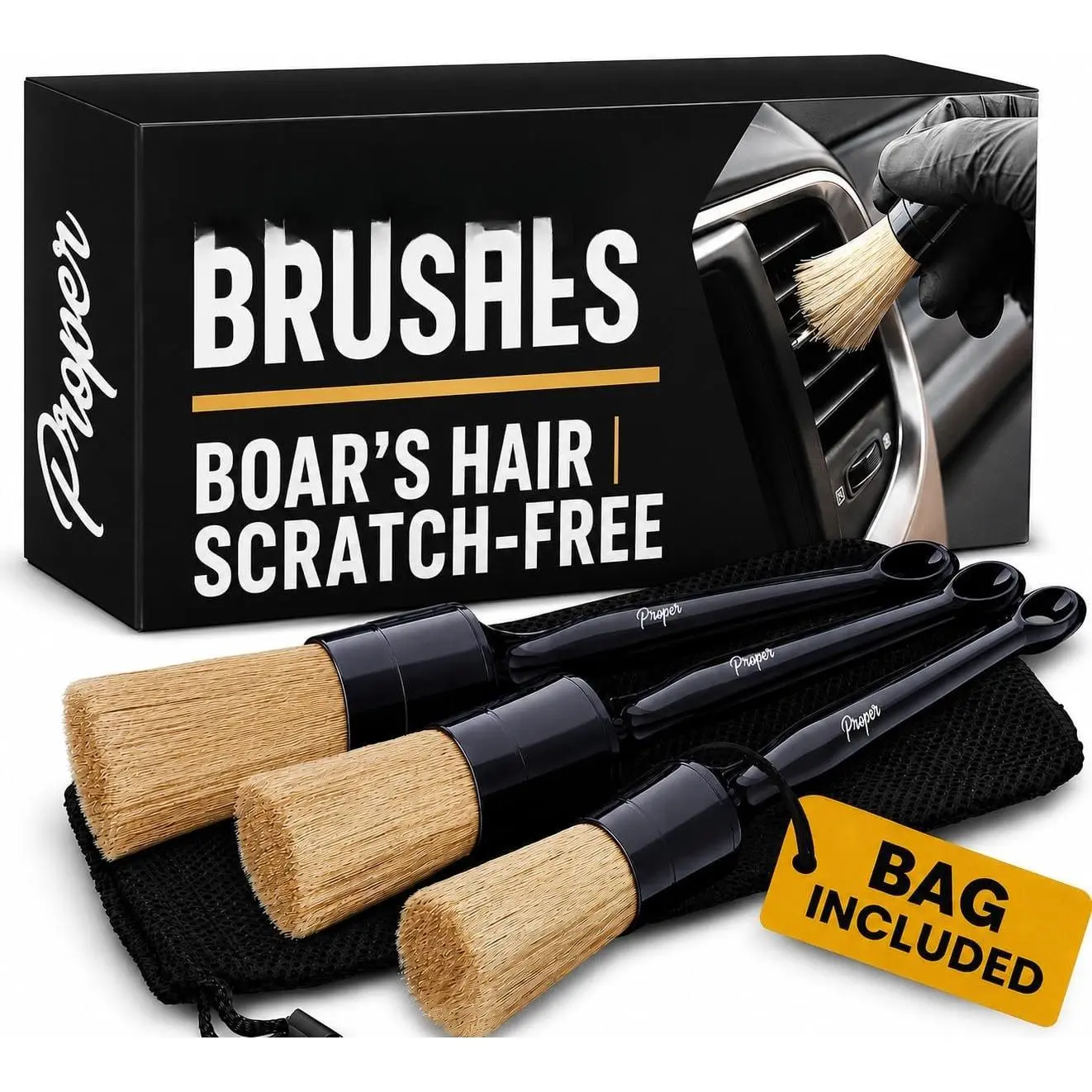 3-Piece Auto Detailing Brush Set - Soft Boar Hair Bristles for Car Interior & Exterior Cleaning, Ideal for Leather Seats, Air Vents, Wheels