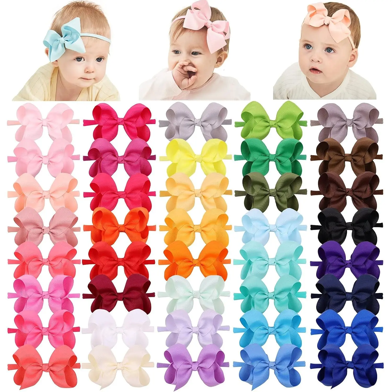 40 Pcs 4-Inch Baby Girls Grosgrain Ribbon Hair Bows on Nylon Elastic Headbands – Infant, Newborn & Toddler Hair Accessories, MulticoloredGift