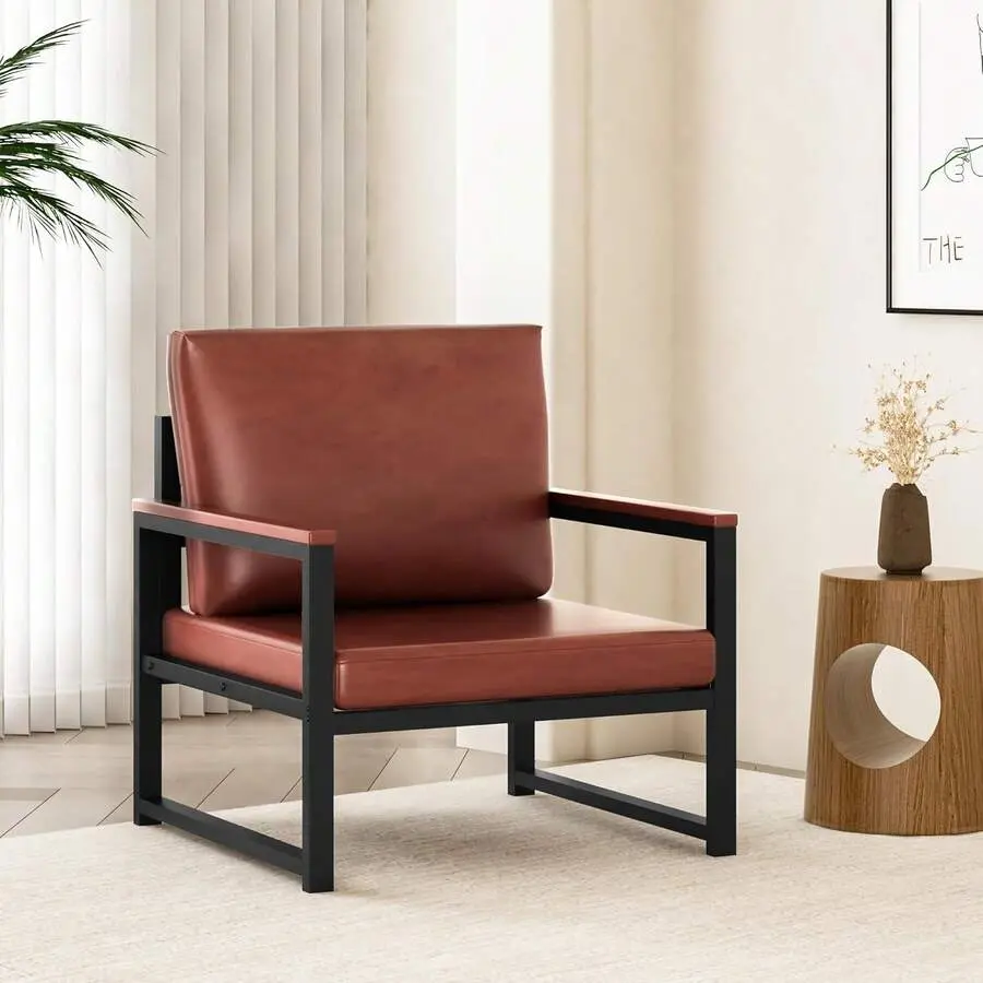 Mid Modern Accent Chair With Wood Frame, PU Leather Reading Armchair, Reading Dining Seating & Booth Living Room Bedroom Waiting Room