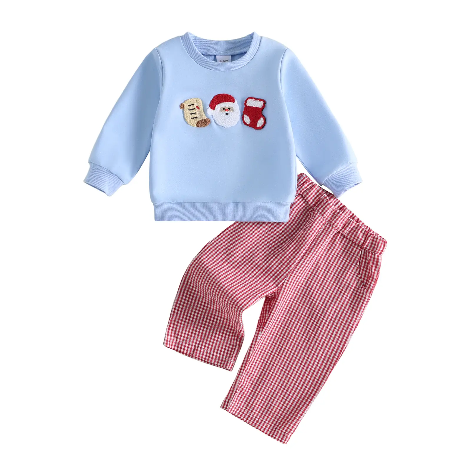 FOCUSNORM Toddler Baby Boy Girl Christmas Outfits Santa Embroidery Long Sleeve Pullover Plaid Elastic Waist Pants 6M-4T