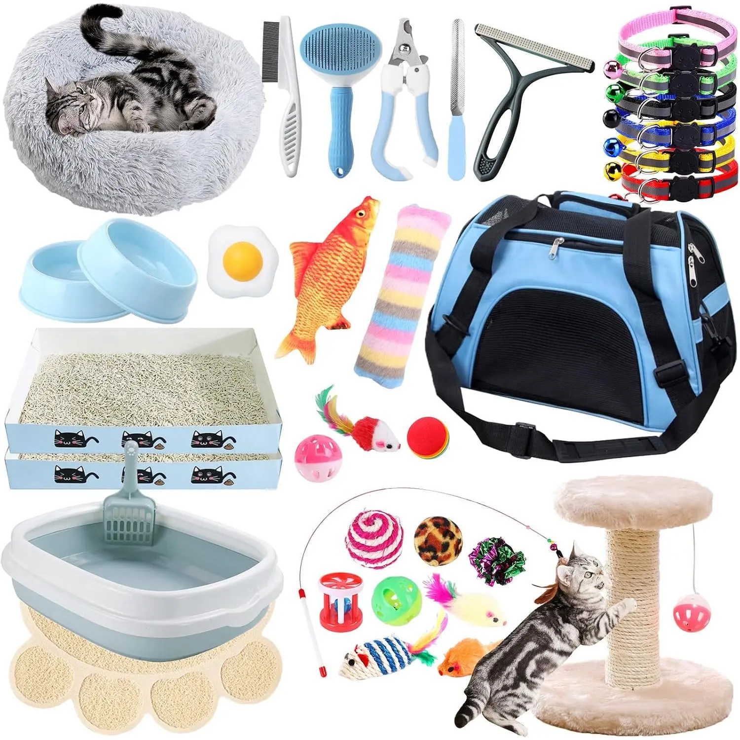Kitten Starter Kit, 37 count of Kitten Starter Kit for Indoor Kittens,  Essentials Including  Bed, Carrier, Litter Mat, Litter Box, , Bowls, C at Toys and Others (Blue)