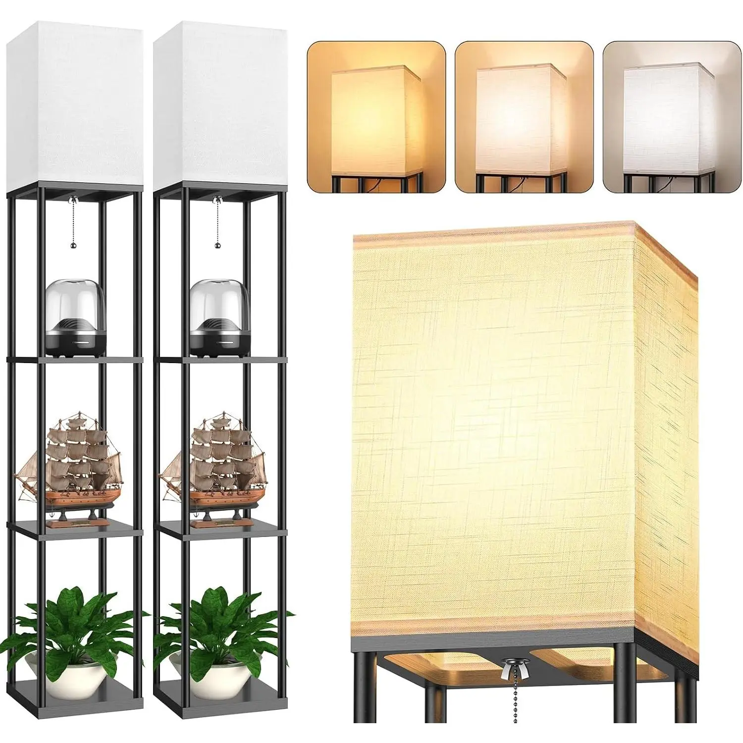 Floor Lamp with Shelves for Living Room 2 Pack, Shelf Floor Lamp with 3 CCT LED Bulb, Corner Display Standing Column Lamp Etagere Organizer Tower Nightstand with White Linen Shade for Bedroom, Office