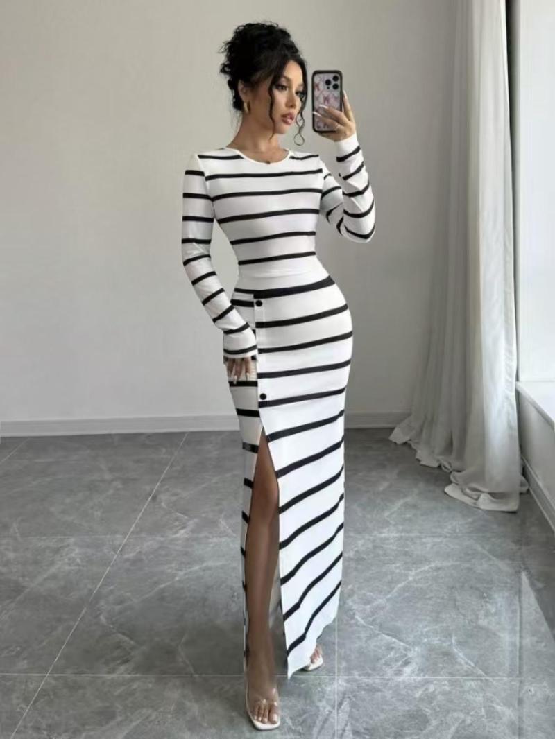 Women's Striped Print Crop Top & Split Thigh Button Skirt Two-piece Set, Striped Sets, Casual Long Sleeve Round Neck Top & High Waist Skirt for Daily Wear, Ladies Clothes for All Seasons, Fall outfit