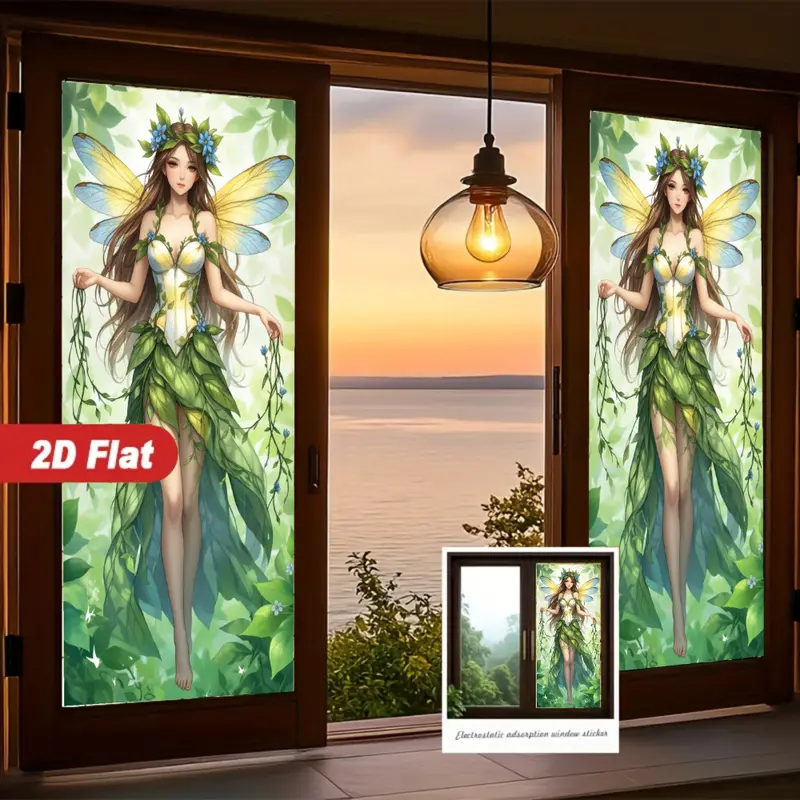 2D flat electrostatic sticker depicting a fairy with wings and a green dress, suitable for living rooms and bedrooms, removable.