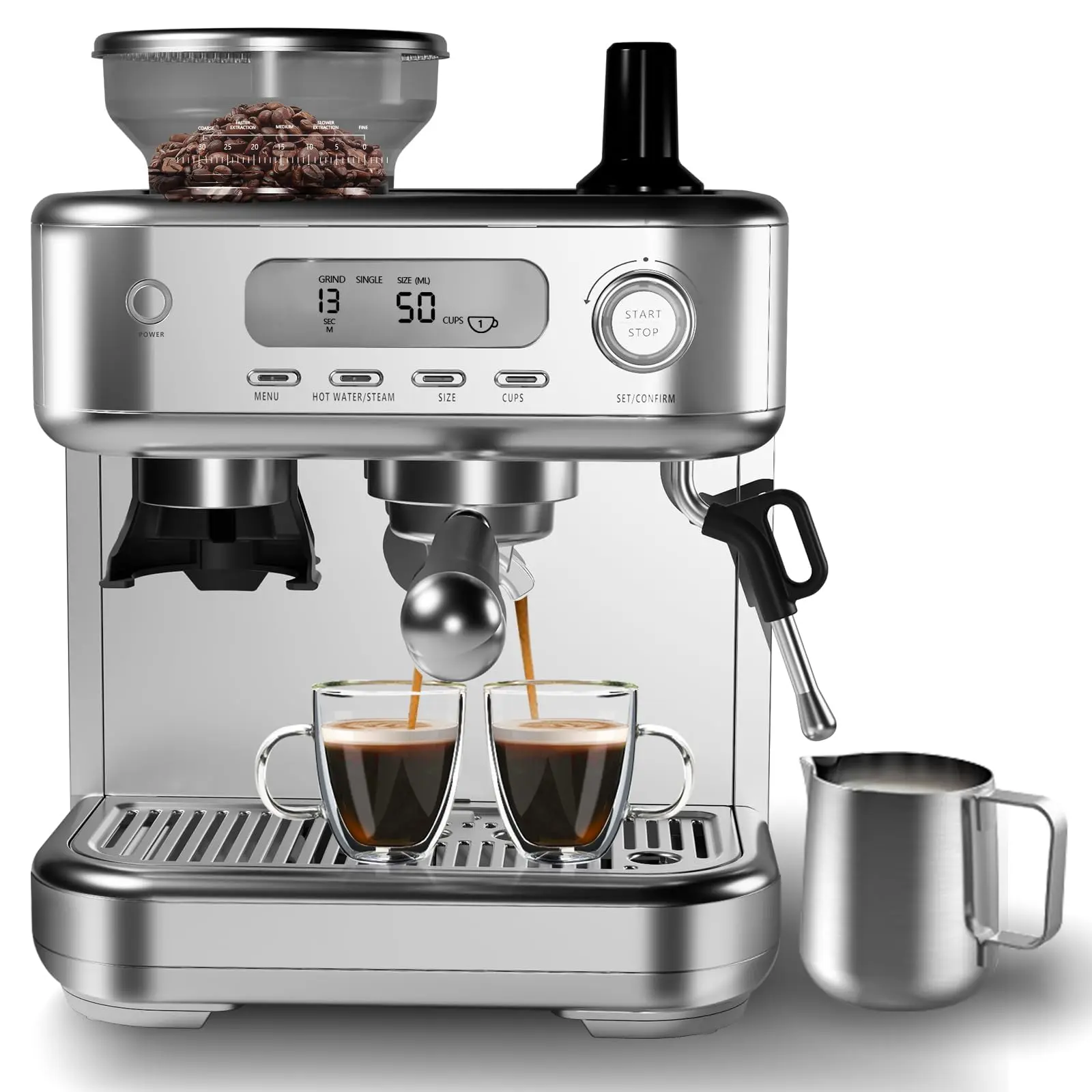 Semi-Automatic Espresso Machine with Stainless Steel 15-Bar Pump, LCD Smart Screen, Grinder+Steamer, 15 Grind Settings, 78oz Removable Water Reservoir & Gentle Coffee Grind Expansion for Lattes, Cappuccinos