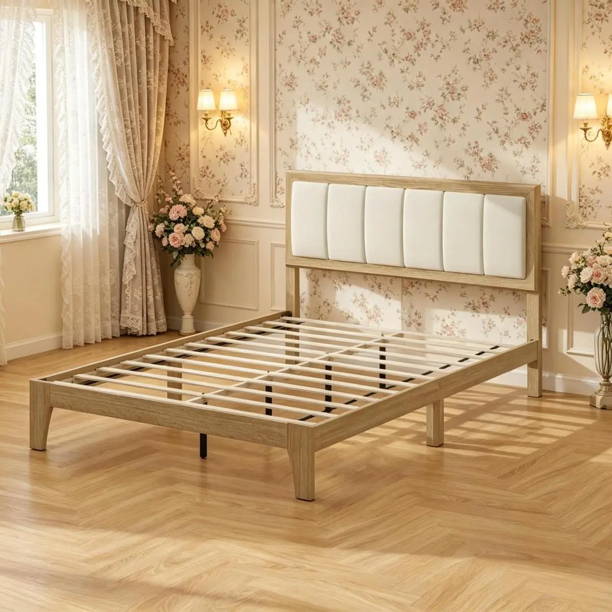 [Bellemave] Full Wooden Platform Bed Frame with Upholstered Headboard, Low-Profile Bed Base, No Box Spring Needed, Easy Assembly