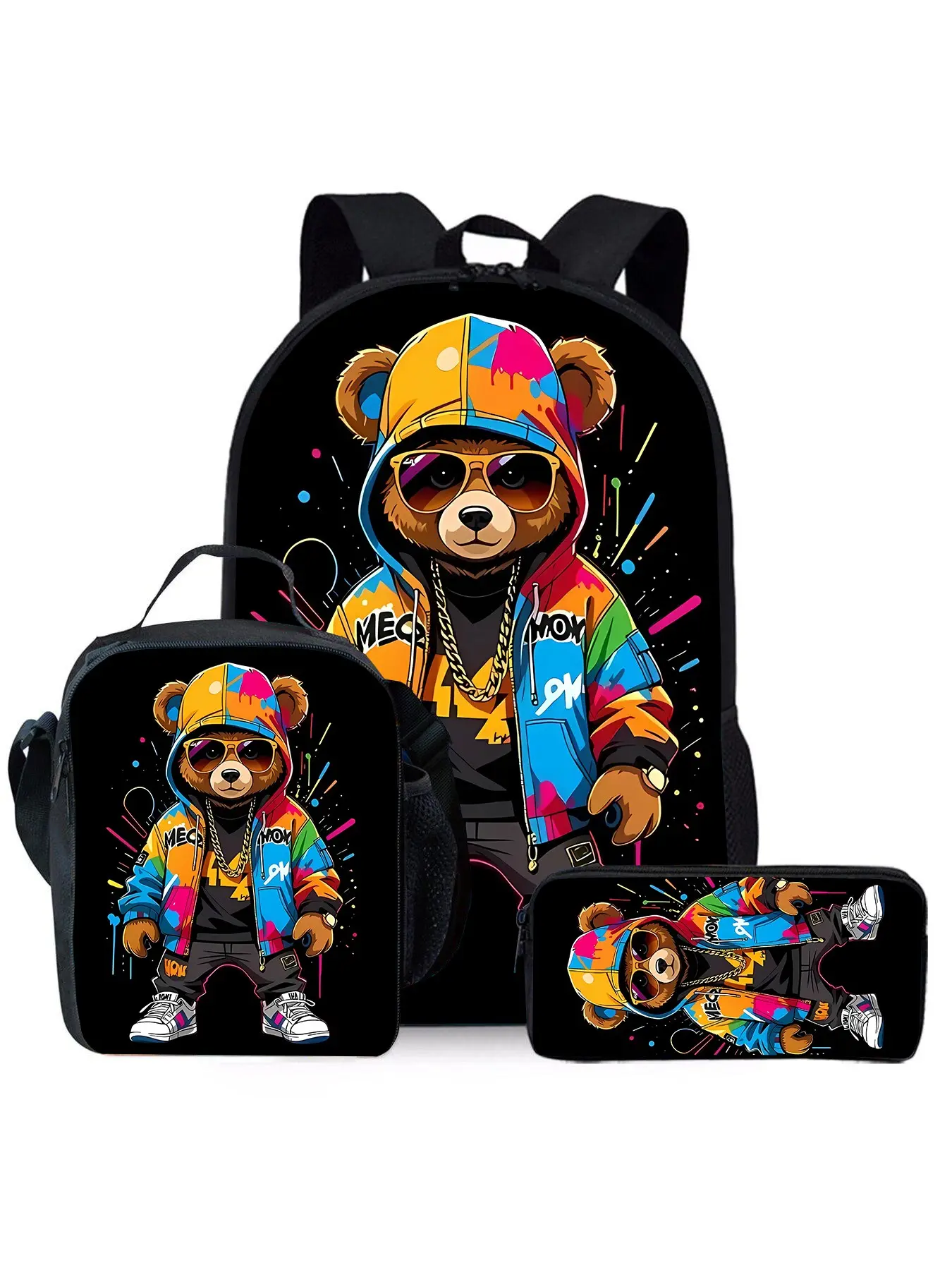 Lightweight Cartoon Bear Backpack Three-piece Set (Single-Layer Backpack + Shoulder Strap Lunch Bag + Single-Layer Pencil Bag) Casual School Bags with Zip Closure Adjustable Straps and Vibrant Print Design for Women and Men Cute Stylish Daypacks