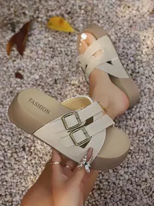 Double Metal Buckle Platform Slippers, PU Leather Upper, Rubber Sole, Casual Solid Design, Women's Daily Beach Shoes, All Seasons
