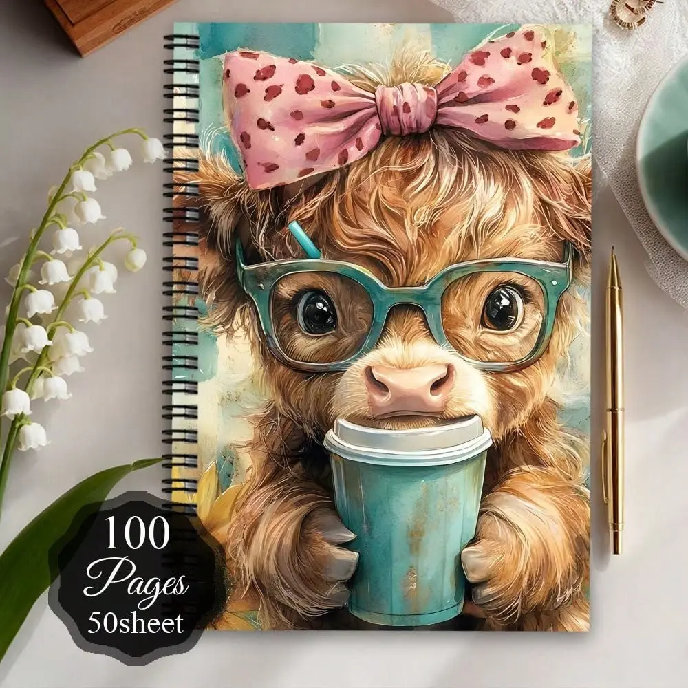 1pc A5 Size, 50 Sheets/100 Pages Cute Scottish Highland Cow Planner & Notebook - Highland Cow Spiral Notebook Journal, Suitable For School, Office, Diary - Personal Planner, Women's Birthday Gift, Exclusive For Cow Lovers, Fluffy Cow Style