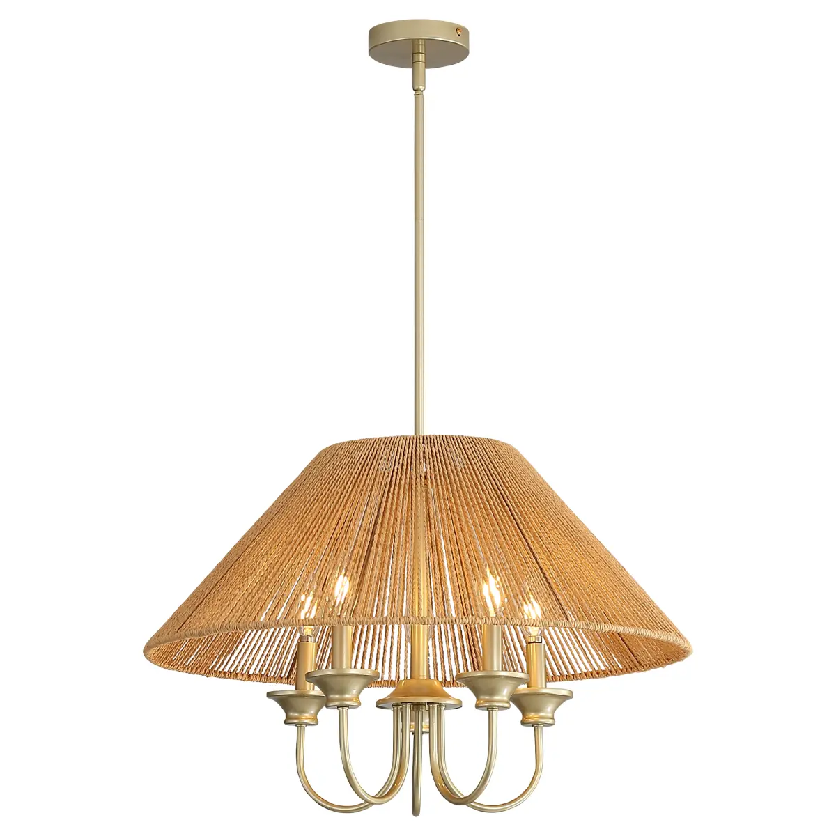15cm Down Rod Pendant Light, Beige Paper Rope Lampshade with Iron, 12cm Canopy, Boho Hanging Ceiling Light for Dining Room Kitchen Living Room