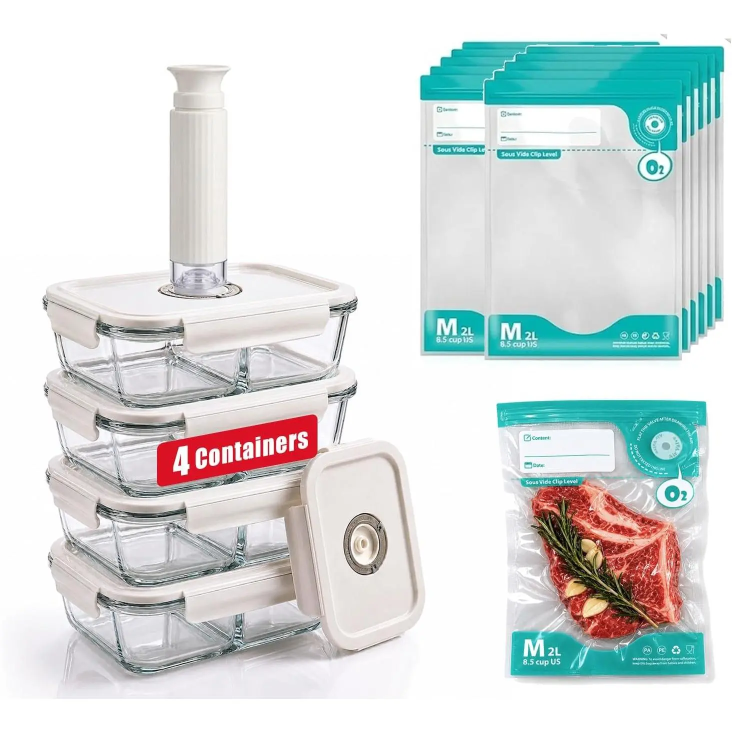 Glass Vacuum  Storage Containers Set, 4 Pack 21 Oz 2-Compartment Meal Prep Bento Boxes with Handheld Vacuum Pump & 10  Sealer Bags for Kitchen Organization, Oven/Microwave Safe