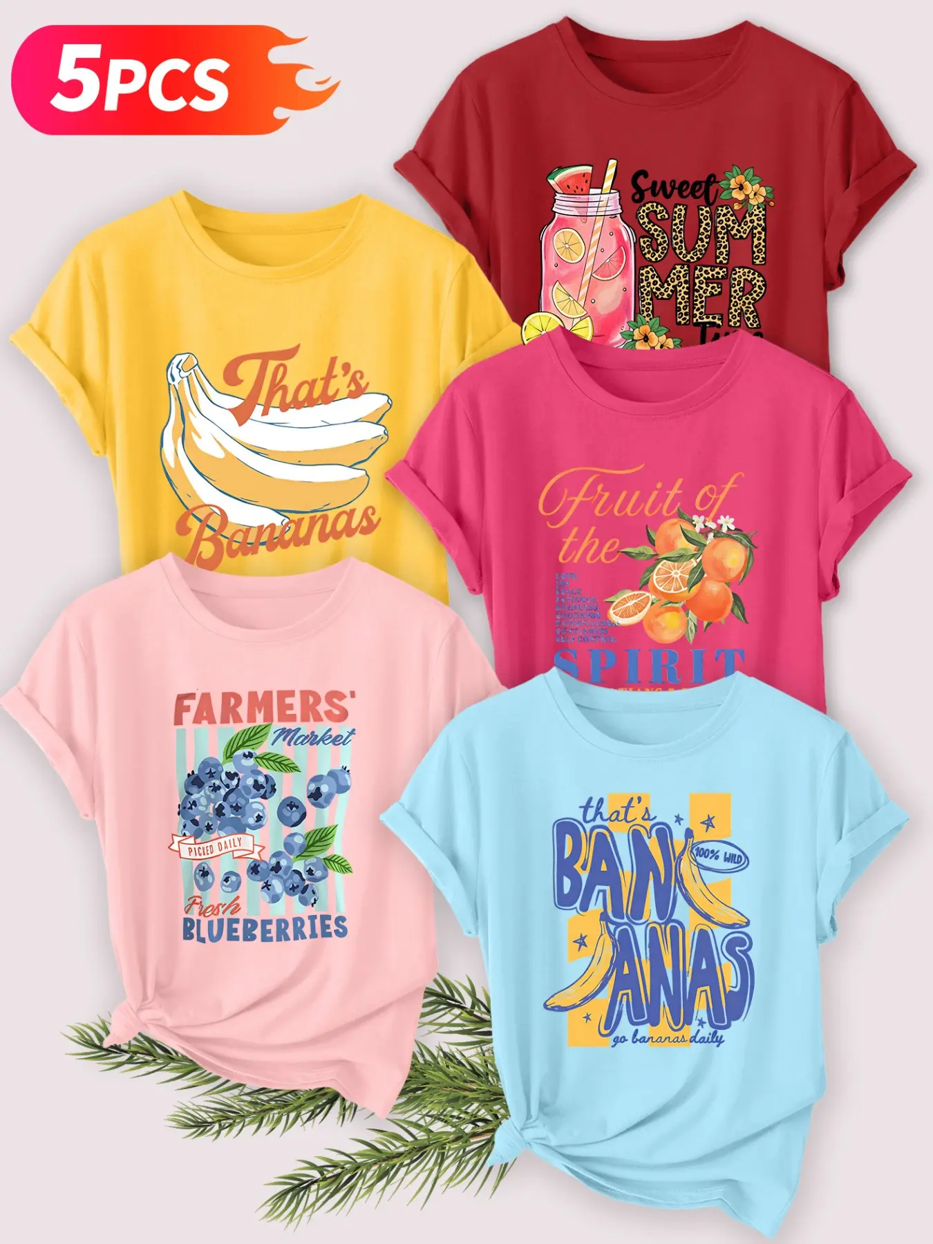 5Pcs Women Crew Tee, Summer Fruit Banana Blueberry Print, multi-color washable casual loose tee