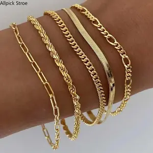 Women's 5-Piece Bracelet Set, Gold Tone Dainty Stackable Bracelets with Paperclip, Cuban Link & Tennis Chains, Adjustable Layered Jewelry Gift