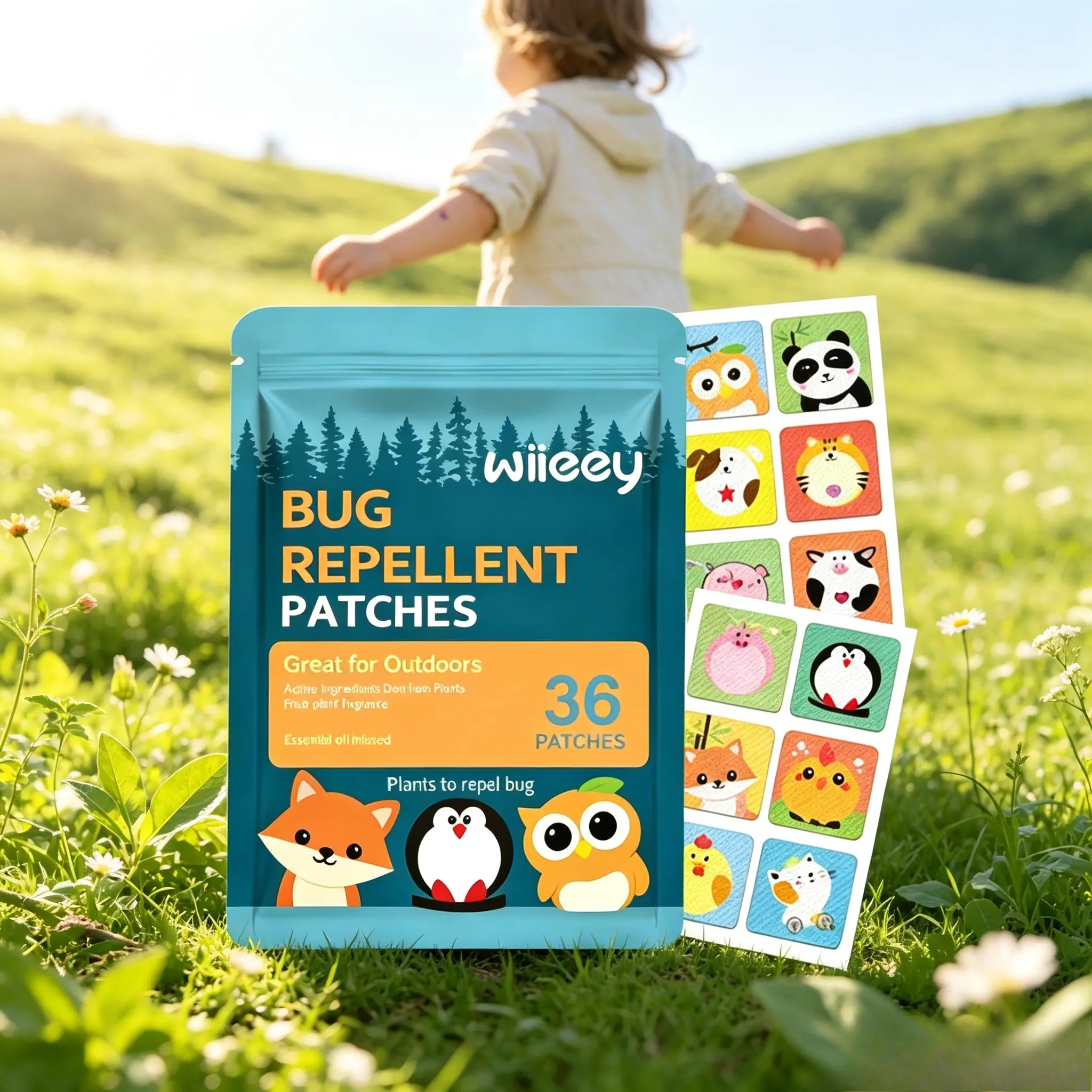DEET-free natural essential oil mosquito stickers for kids, 36 cartoon animal patches in separate packs. Gentle plant scent for sensitive baby skin, lightweight portable for kindergarten, picnics and outdoor anti-mosquito use.