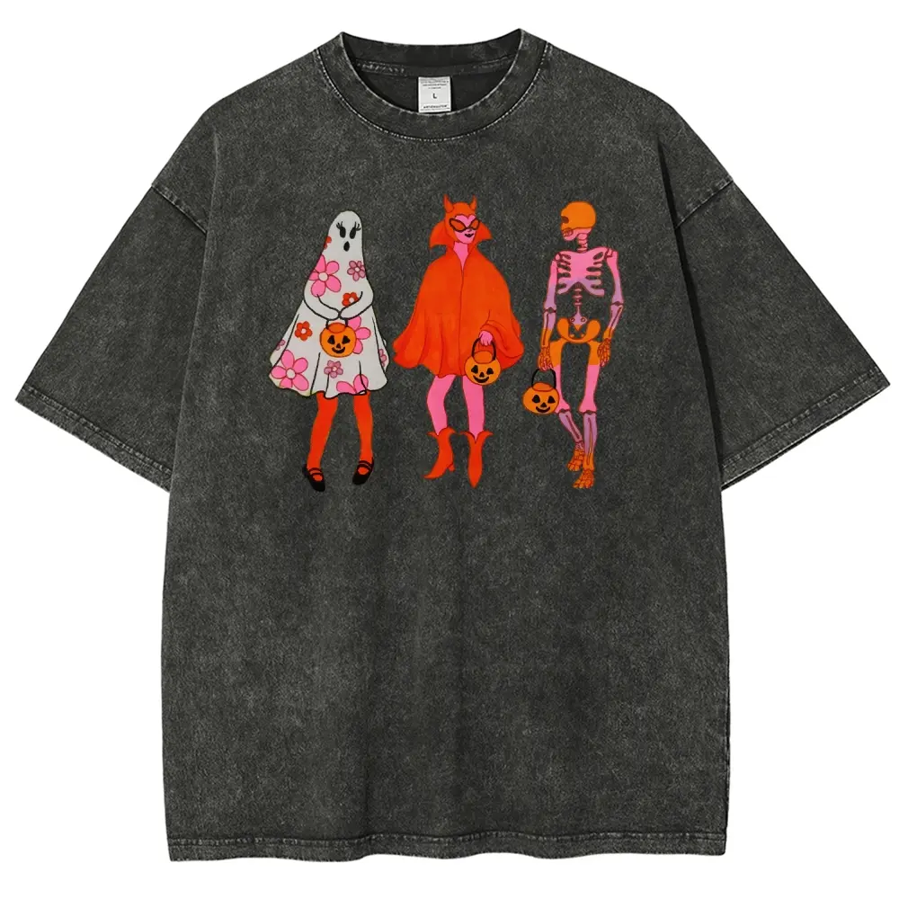 Unisex Halloween girl pumpkin trick-or-treat bucket, ghosts, devils, skeletons Graphict Washed T-Shirt Personalized Pattern Y2k Clothing Round Neck Washed T-Shirt,Women's Clothing 100% Cotton, Menswear, Top, Vintage Style,Summer Casual Oversized