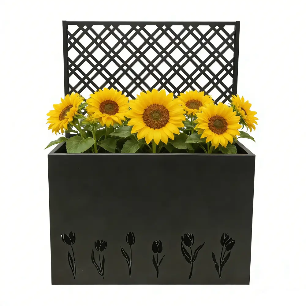 Littleox Tall Metal Planter Raised Garden Bed with Trellis 35.5in L x 11.9in W x 47.3in H - Large Flower Box Privacy Screen for Porch, Patio, Garden, Commercial Décor, Tulip Black