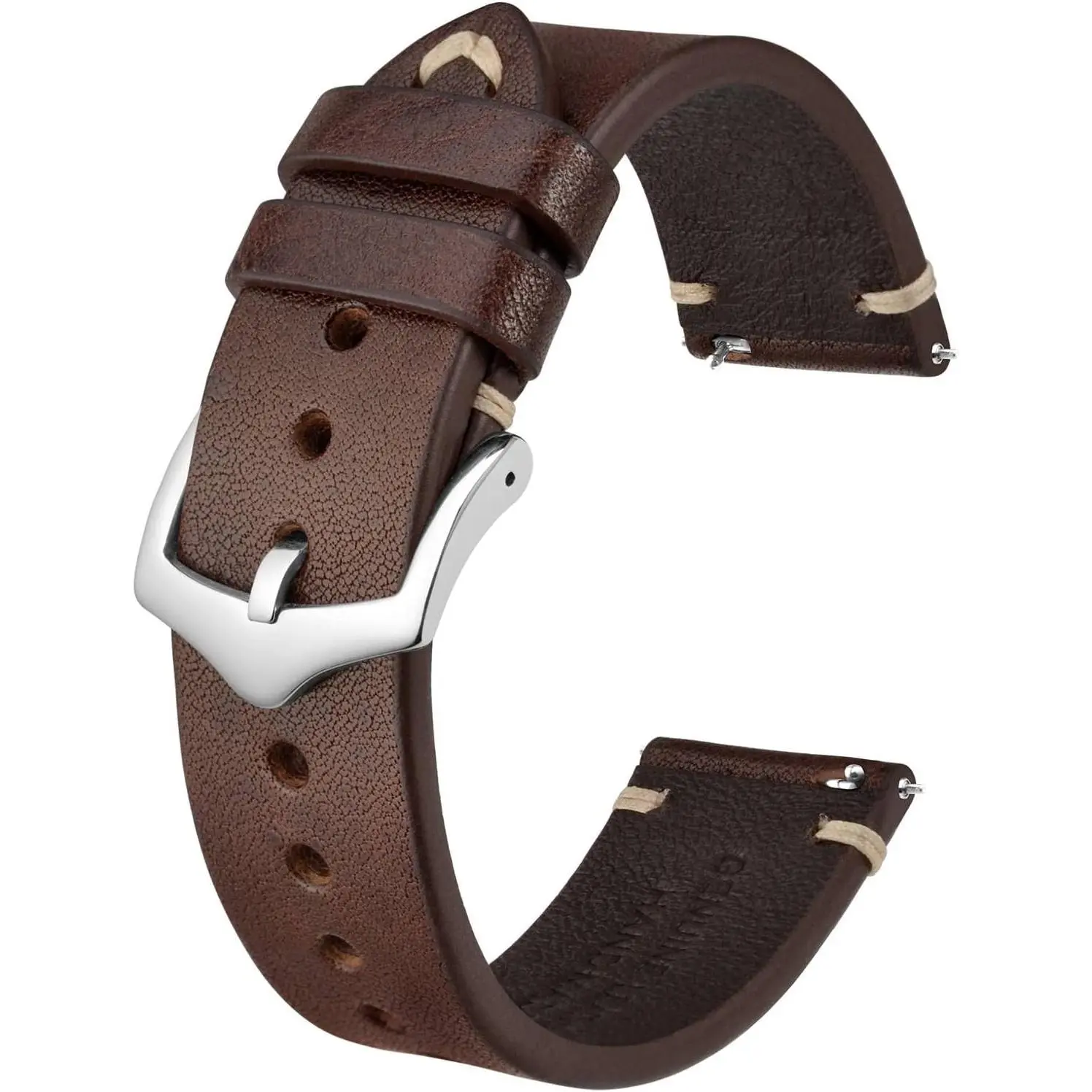Leather Watch Strap for Men, 22mm Classic Hand-Stitched Band with Quick Release for Casual Wear, Coffee Brown with Silver Buckle