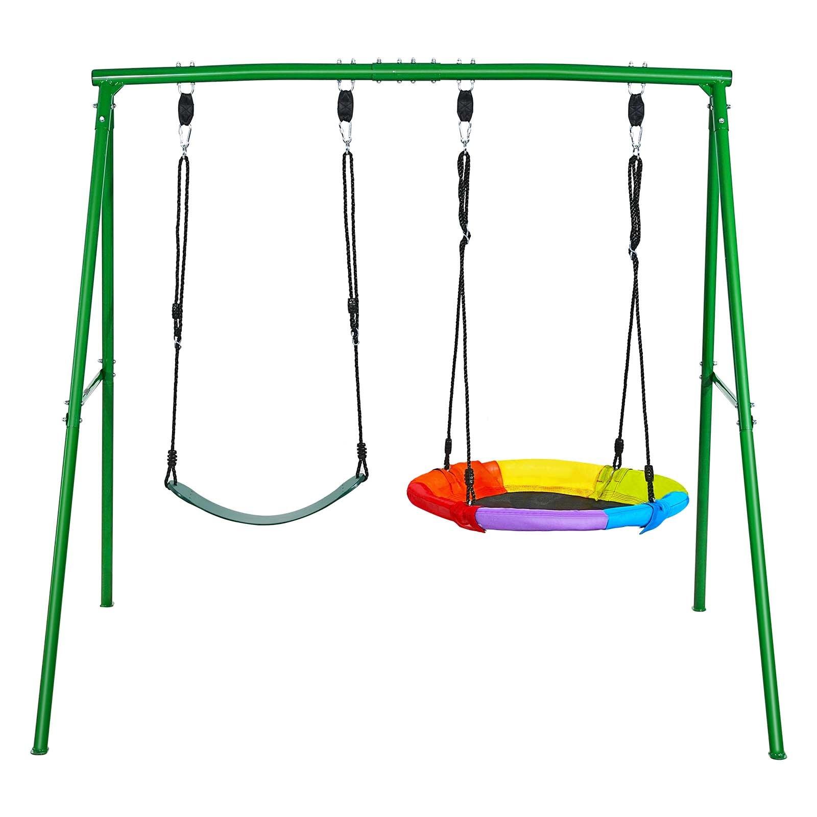 【Summerfinds】VEVOR Unisex Carbon Steel Backyard Playground Equipment, 32-in Adjustable Saucer & Belt Seats, Heavy-Duty A-Frame Stand, 440-lbs Load Capacity, Spiral Ground Anchor Reinforcement, Sturdy Swinging Outdoor Gear for Long-Term Use