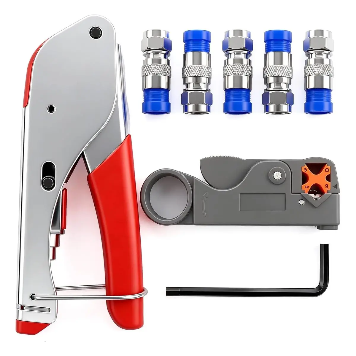 Coax Cable Crimper Tool for RG59 RG6, Coaxial Compression Tool with Wire Stripper, Includes 5 F Type RG6 Compression Connectors