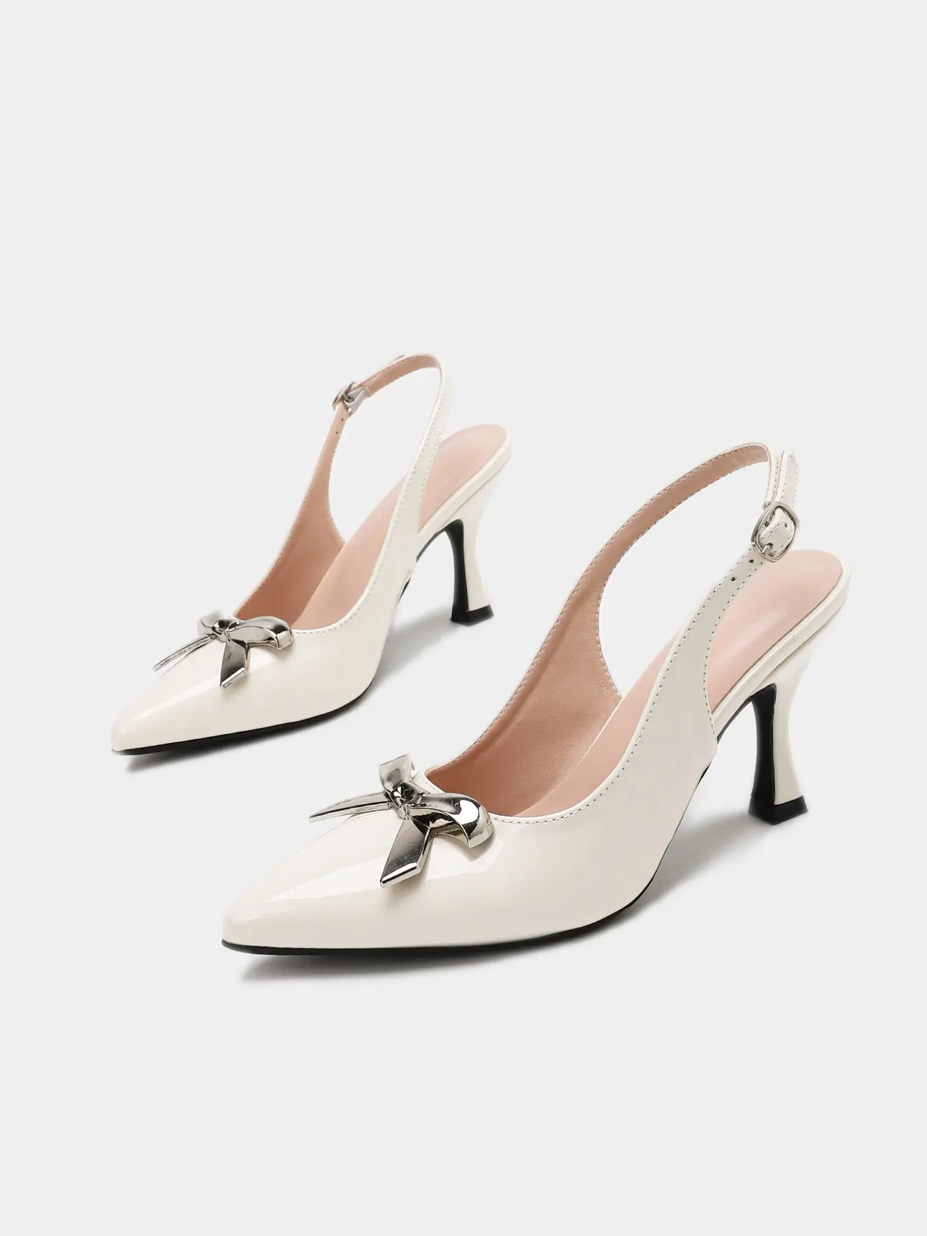 Women’s Patent-Look Pointed Toe Slingback Pumps, Stiletto Heel Dress Shoes with Silver-Tone Bow Detail for Wedding Guest and Party