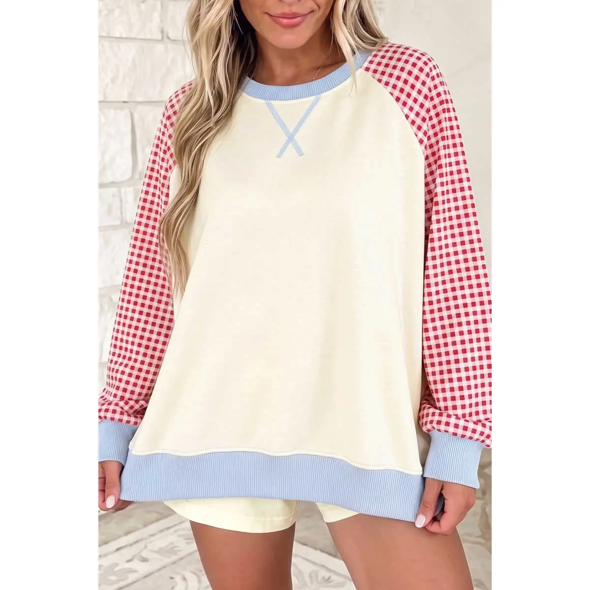 Beige Plaid Sleeve Colorblock Raglan Pullover Sweatshirt