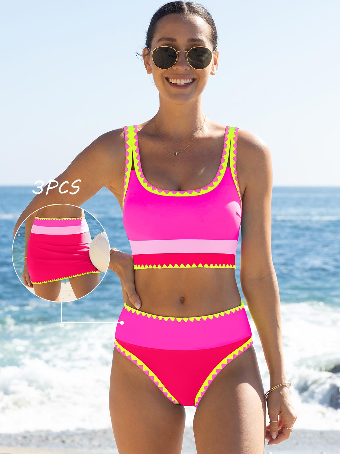Popvil Beachball Kayaking 3 Piece Bikini Sets,Tummy Control & High Waisted Swimsuit with Adjustable Wide Shoulder Straps, Neon Color Sporty Swimsuit