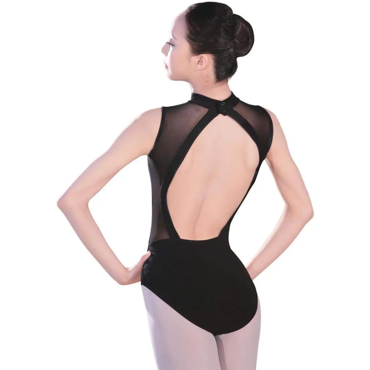 Black Girls Women Dance Leotards One Mesh Short Sleeve Ballet Clothes with Open Back
