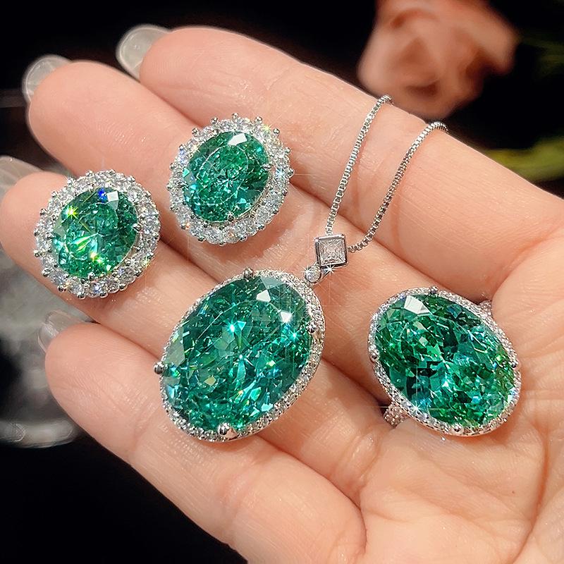 Vintage Simulated Gemstone Paraiba Green Oval Cut Jewelry Set for Women Ring Earrings  Necklace     Single Row Halo CZ    Luxury Fashion Accessories Gifts for Women