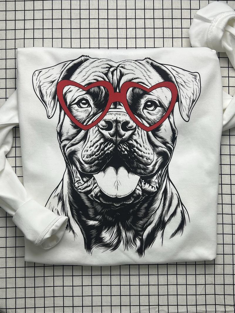 XL-3XL Cute Dog with Red Heart Glasses Sweatshirt Soft Cotton Hoodie for Pet Lovers Fun Graphic Casual Everyday Wear