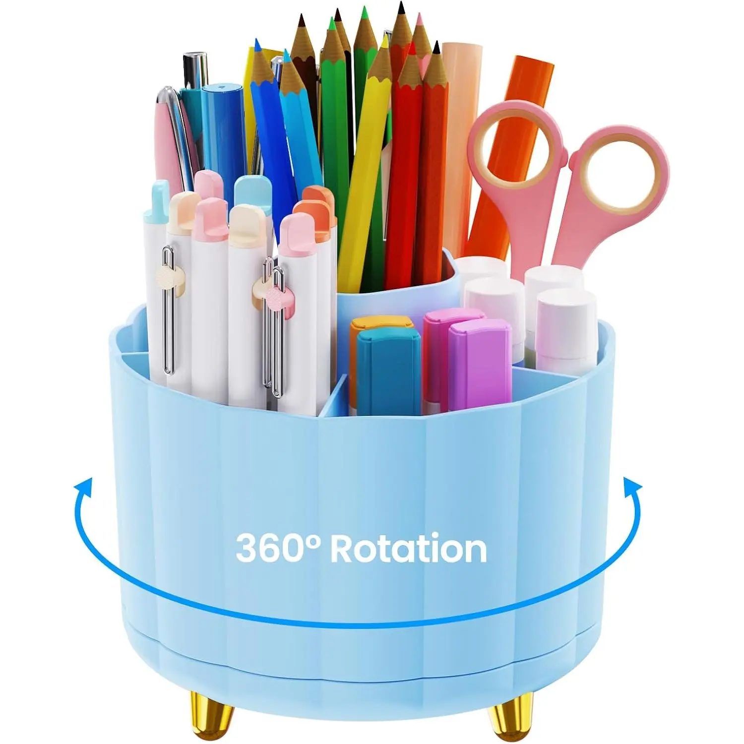360  Rotating Pen Holder for Desk, 6 Slots Desktop Organizer  for Pens, Pencils, Markers, Multi-Functional Pencil Cup & Office Supplies Holder, Blue