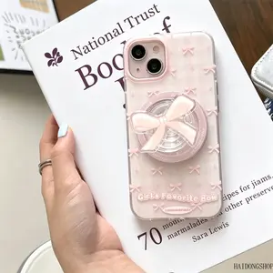 Coquette Cute Pink Bow MagSafe Magnetic Phone Grip Stand, Sweet Elegant Foldable Smartphone Holder, Kawaii Girly Tech Accessory For Hands-Free Video Live Streaming Daily Travel Casual Outfits