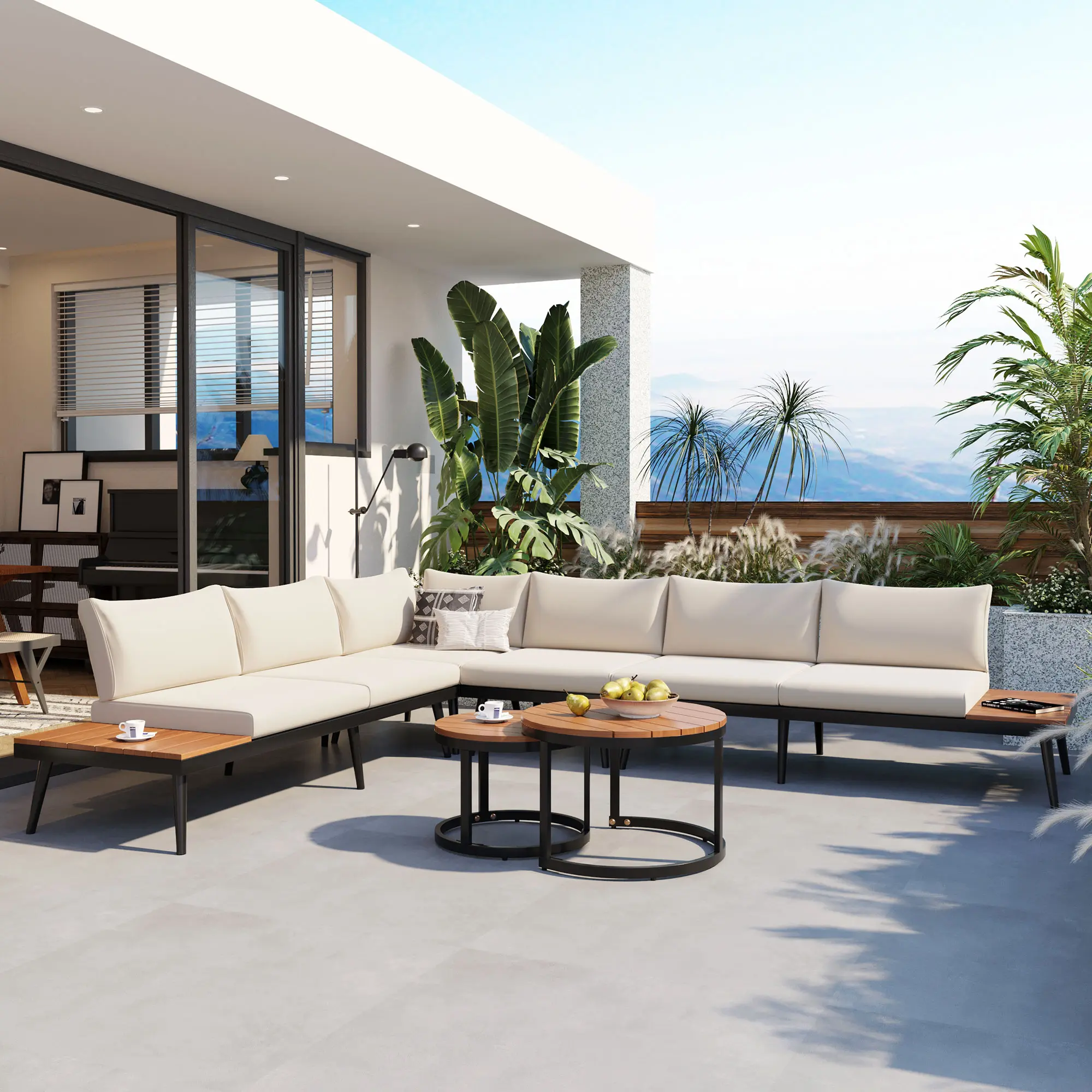 Nokaa 6-Piece Multi-Seat Outdoor Sofa Set with Round Coffee Tables, Beige Upholstery, Iron Frame, Acacia Wood Top, Water-Resistant Cushions, for Patio, Garden, Round Tables