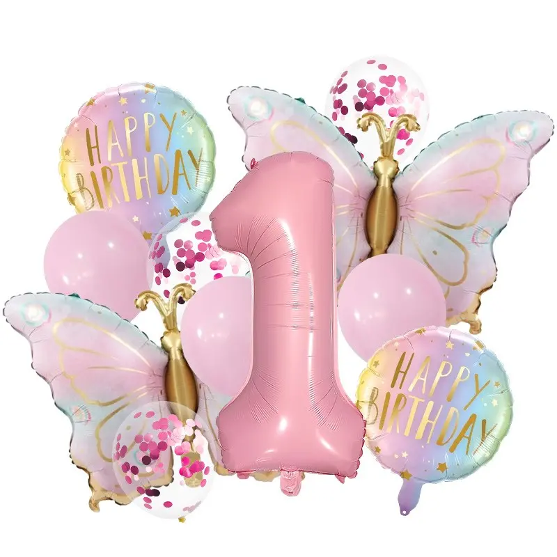 13-Piece Butterfly Theme Number Aluminum Foil Balloon Bouquet Set, Sparkly Balloons for Girl's Birthday Party Celebration