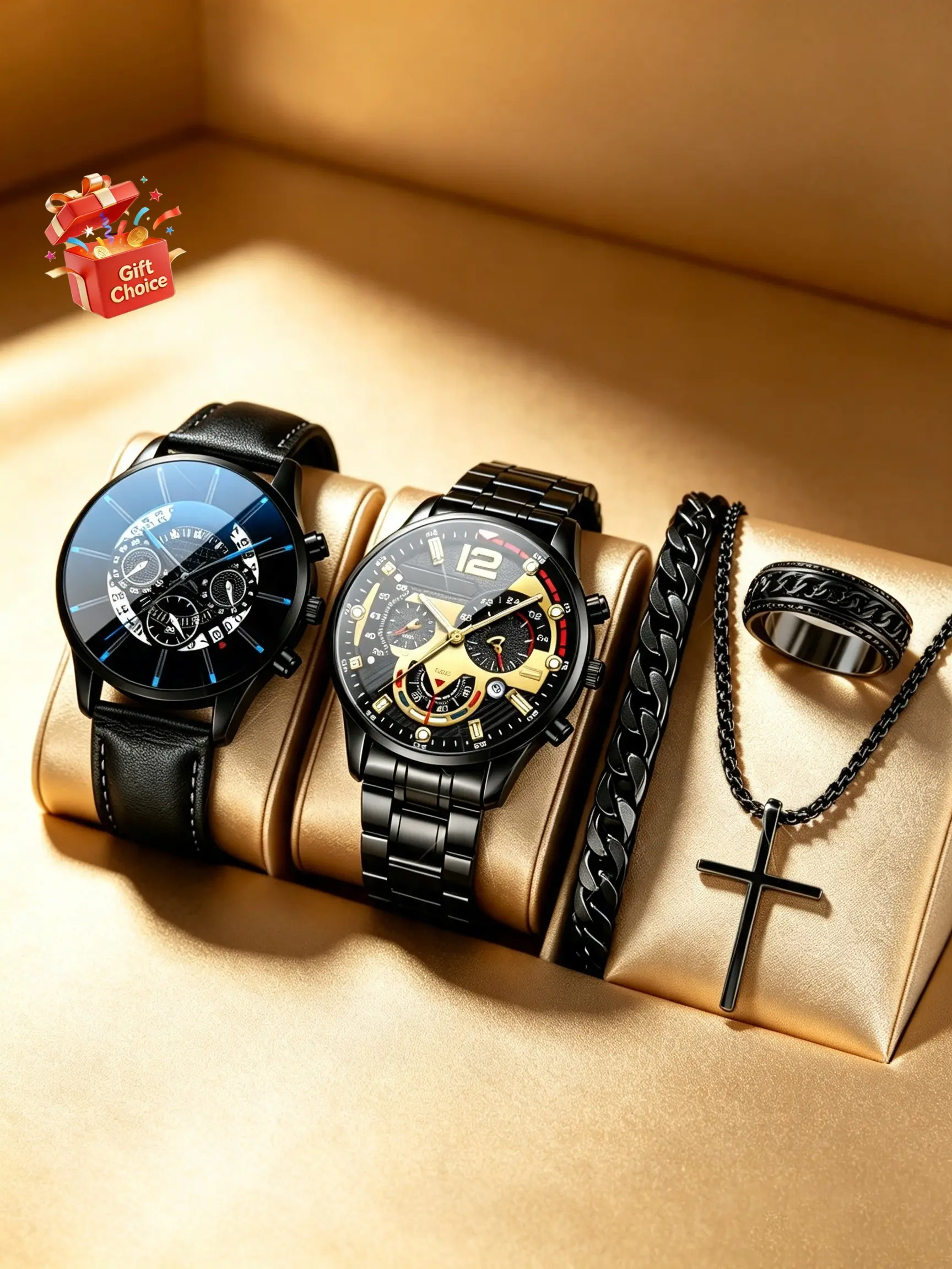 5pcs Business Set, 2 Men's Quartz Watches, Quartz Analog Timepiece, Fashion Analog, Zinc Alloy Case, Cross Jewelry, Perfect for Holidays, Birthday Gifts, Business Quartz Wristwatch