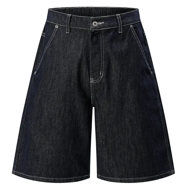 Men's Fashion Stitch Denim Shorts, Knee-Length Raw Denim Bermudas Featuring Visible Lines, Reinforced Stitching and Angled 3D Pockets, Utility, Stylish, Fashion Apparel, Button, Valentines Day, Retro Style, Foldable, Belt, Bottom, Streetwear