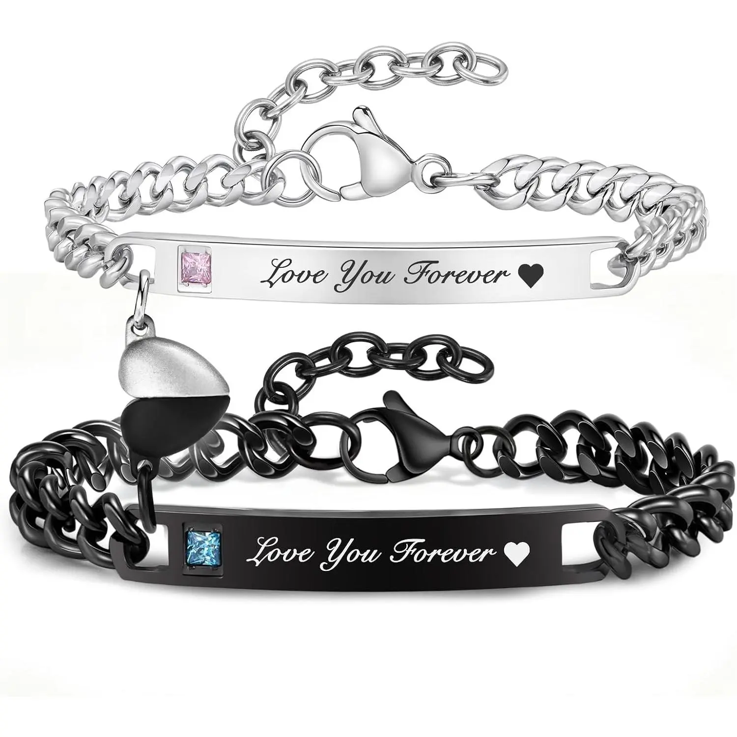 His & Hers Stainless Steel Cuban Link Couple Bracelets Set, Modern Adjustable Size Tarnish-Proof Heart Click Jewelry, Romantic Gifts for Valentine’s/Birthday/Anniversary