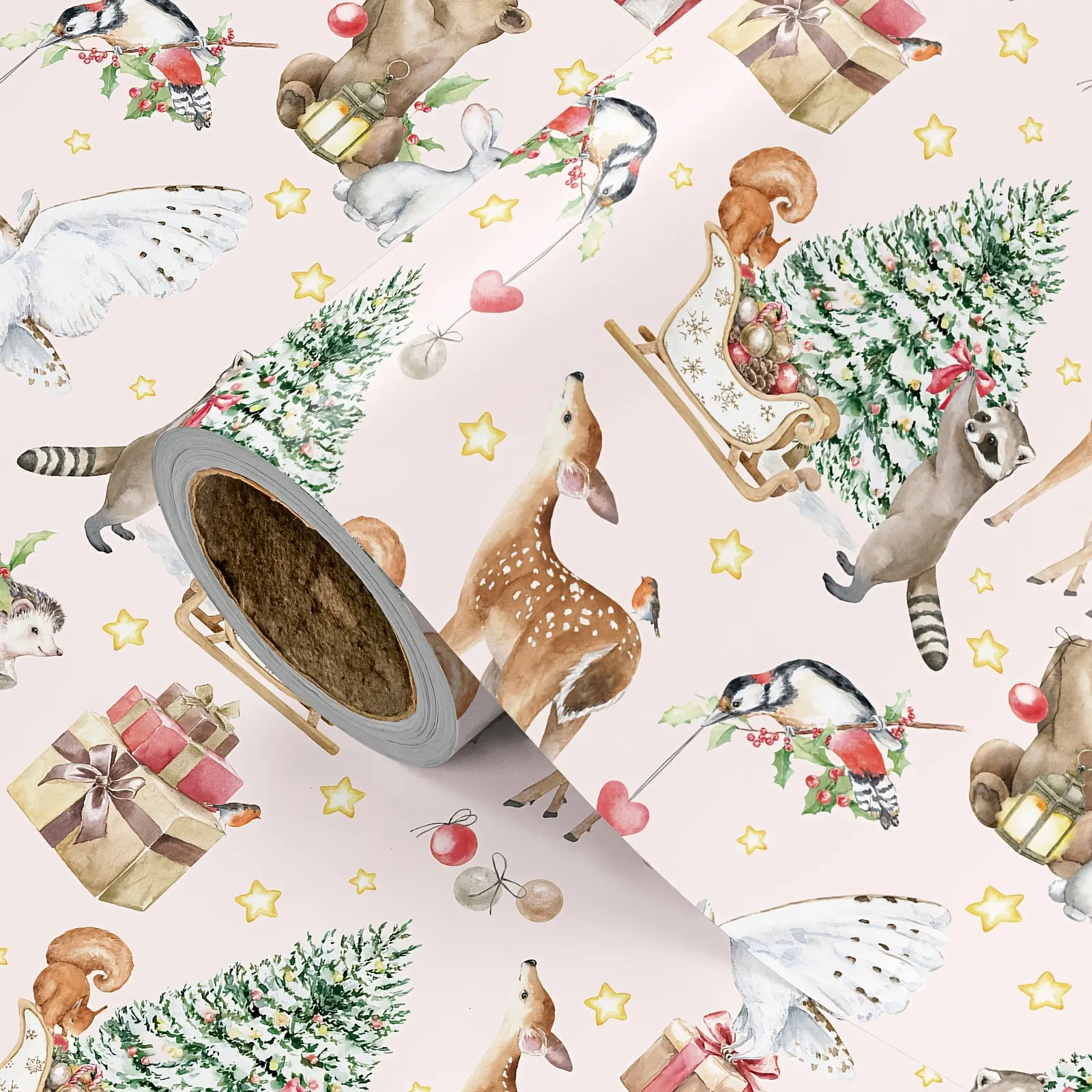 1 Roll Pink Woodland Animal Gift Wrapping Paper, Cute Wrapping Paper, Watercolor Forest Animal & Christmas Gift Print Gift Wrap Roll for Christmas Holiday, Party, DIY Craft Decor, 43.2cm x 500cm