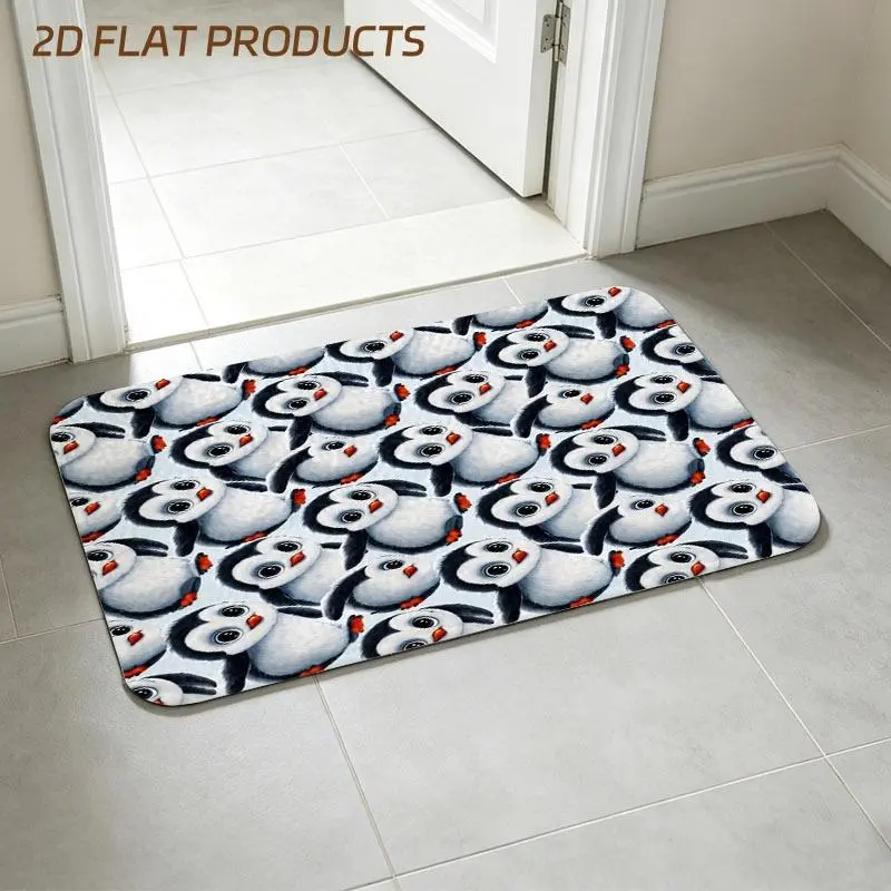 Playful Cartoon Penguin Pattern Entry Doormat, Light Blue Background with Neatly Arranged Cute Penguins in White Black & Orange Details, Multiple Specifications Available, Ideal for Entryway Welcome and Daily Home Use